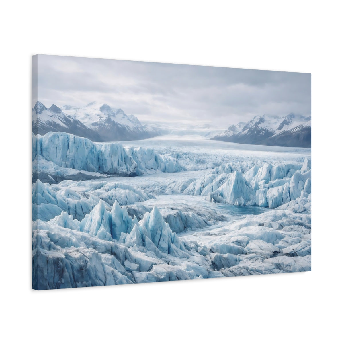 Side Mockup 2. Nature Glacier Blue And White Glacier shown as stretched canvas wall art