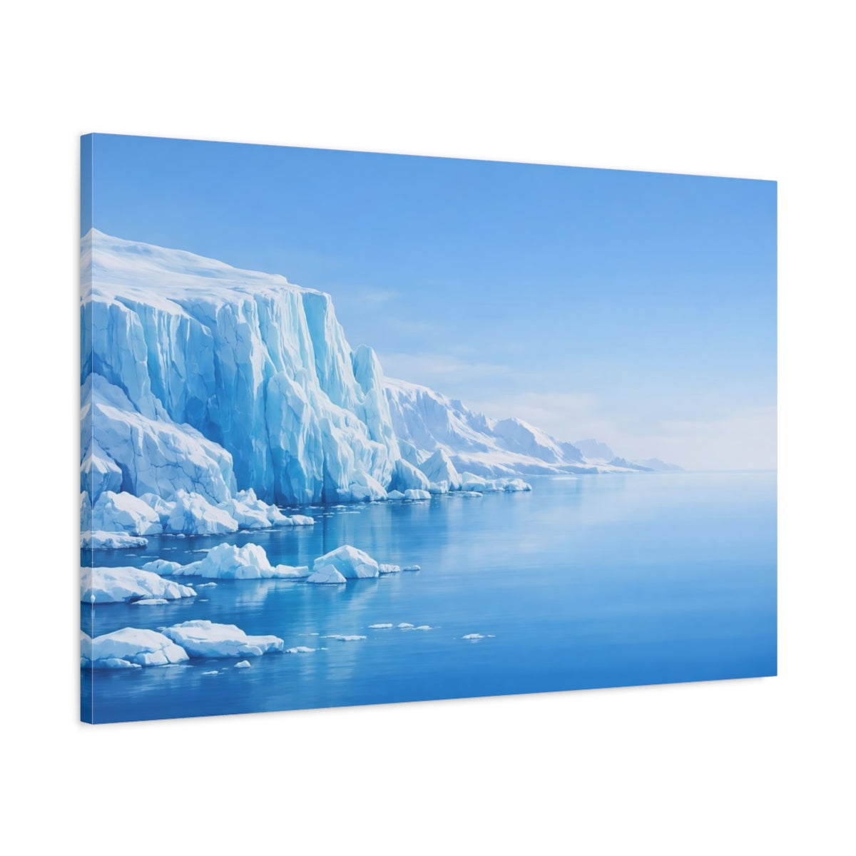 Main Mockup. Nature Glacier Cliff Blue And White shown as stretched canvas wall art