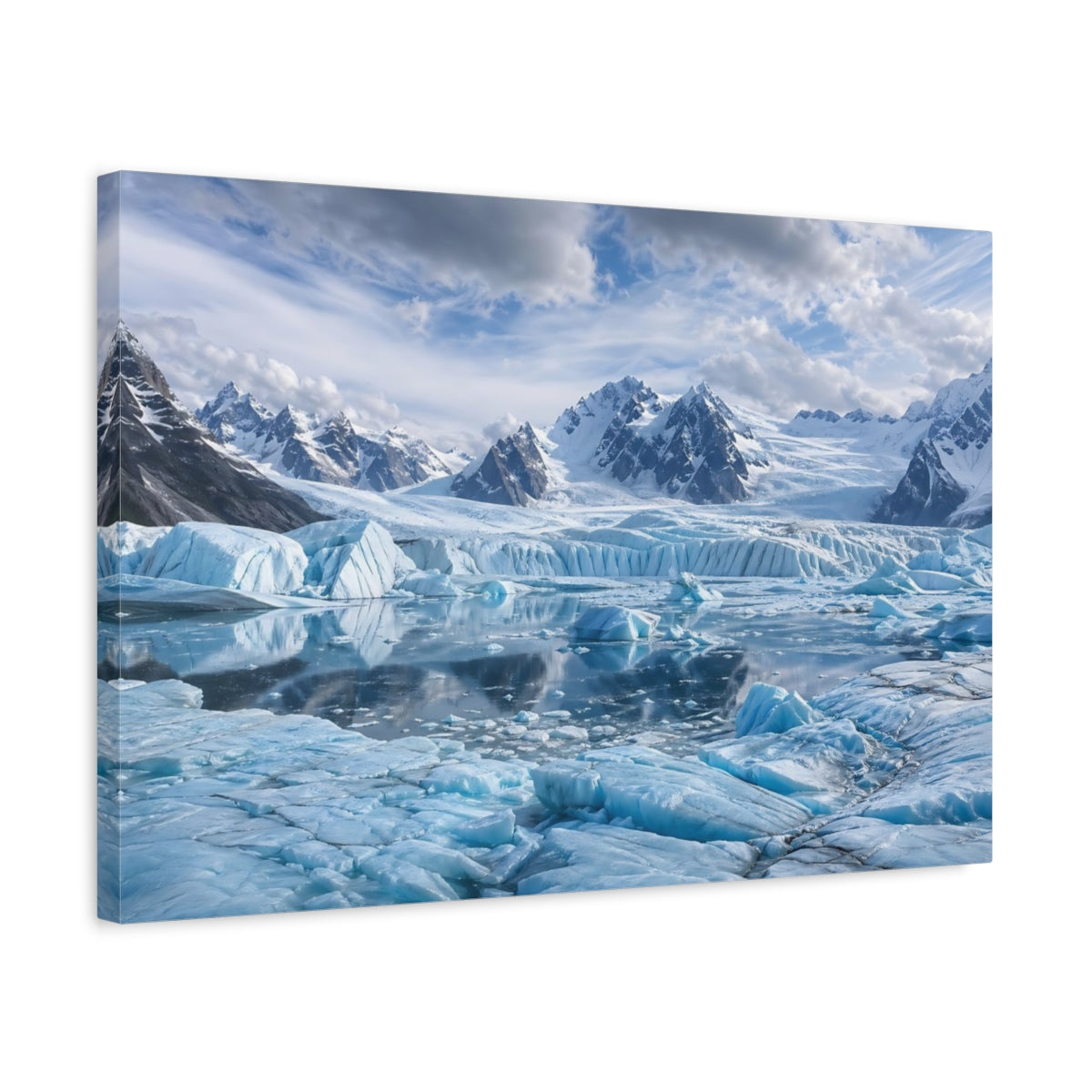 Side Mockup 3. Nature Glacier Landscape Blue Glacier Mountain shown as stretched canvas wall art