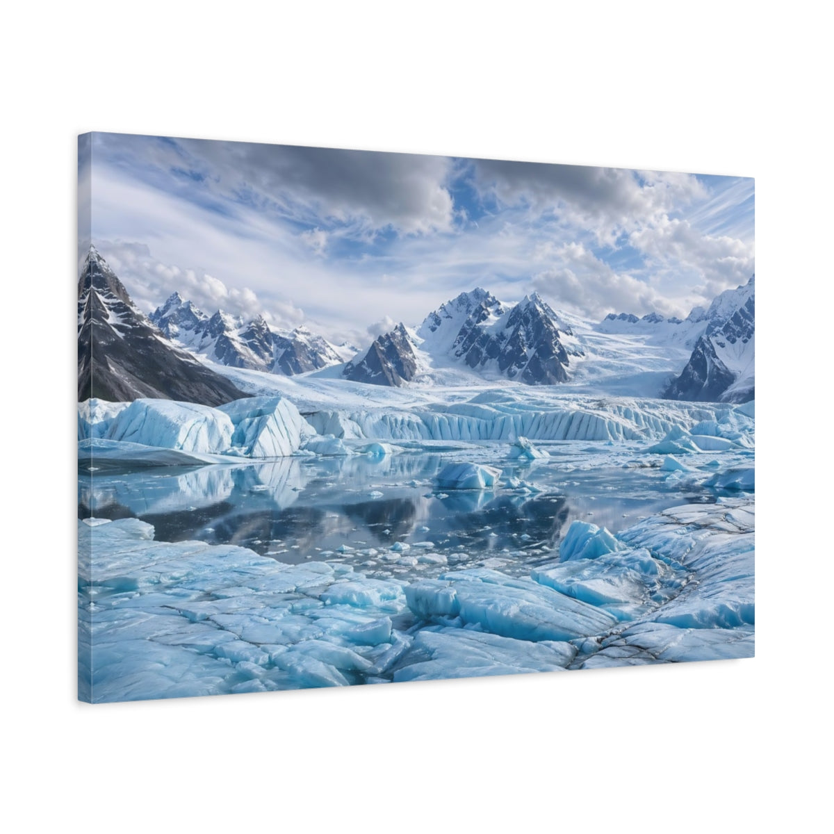 Side Mockup 2. Nature Glacier Landscape Blue Glacier Mountain shown as stretched canvas wall art