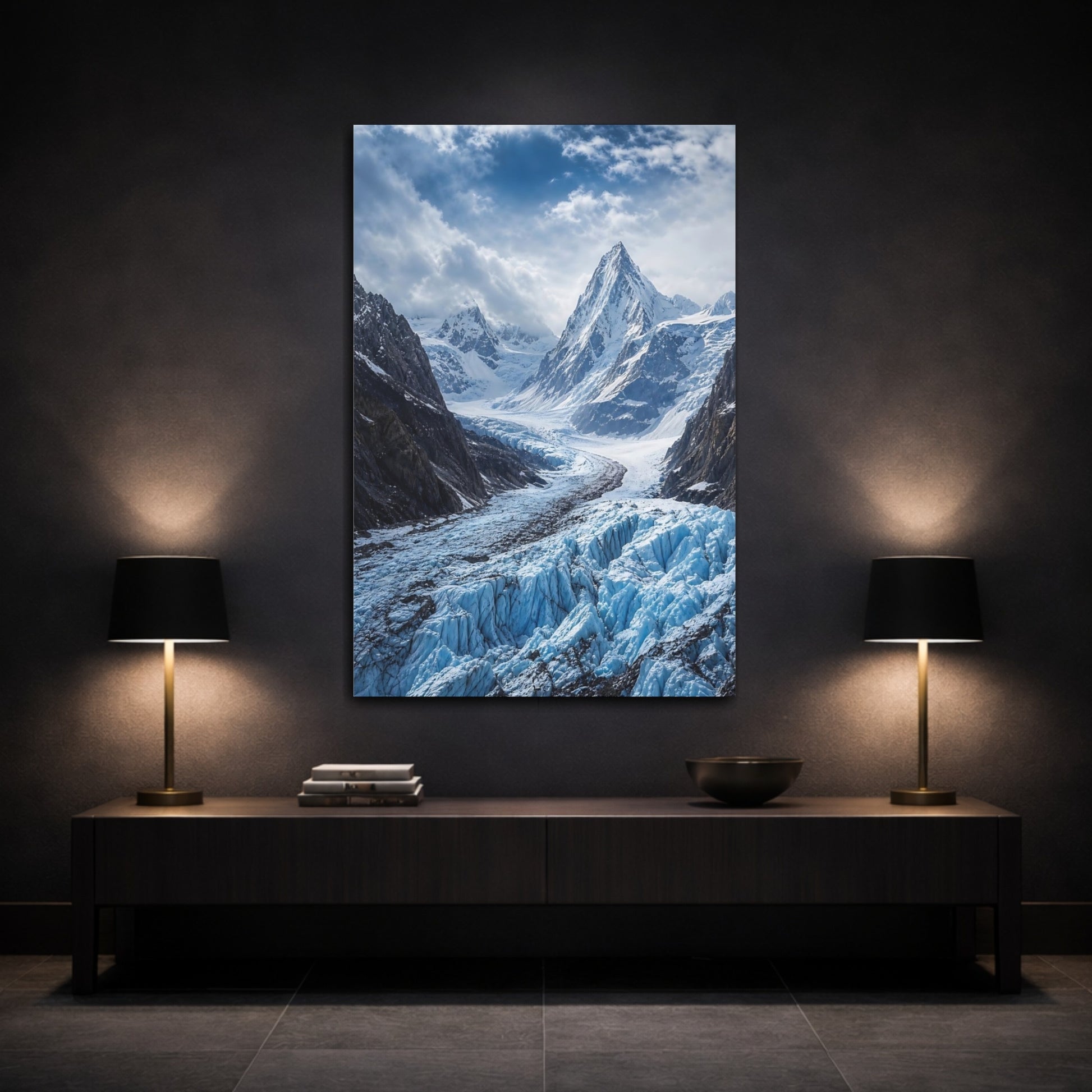 Mockup 3. Nature Glacier Valley Blue Glacier Mountain shown as stretched canvas wall art