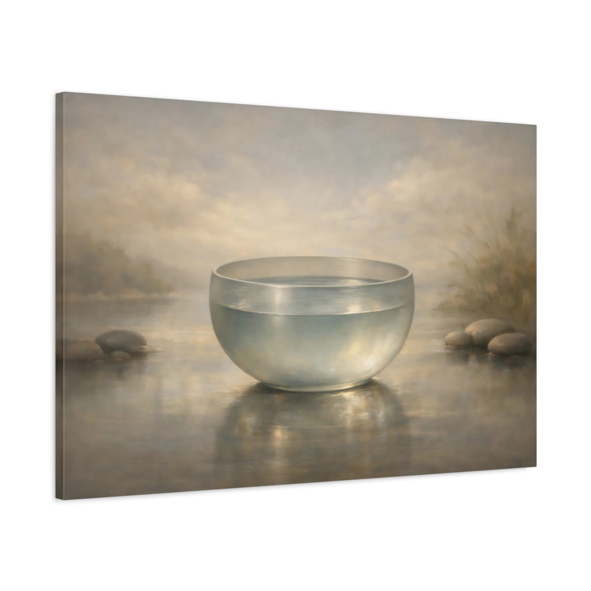 Side Mockup 1. Nature Glass Bowl Misty Water Scene shown as stretched canvas wall art
