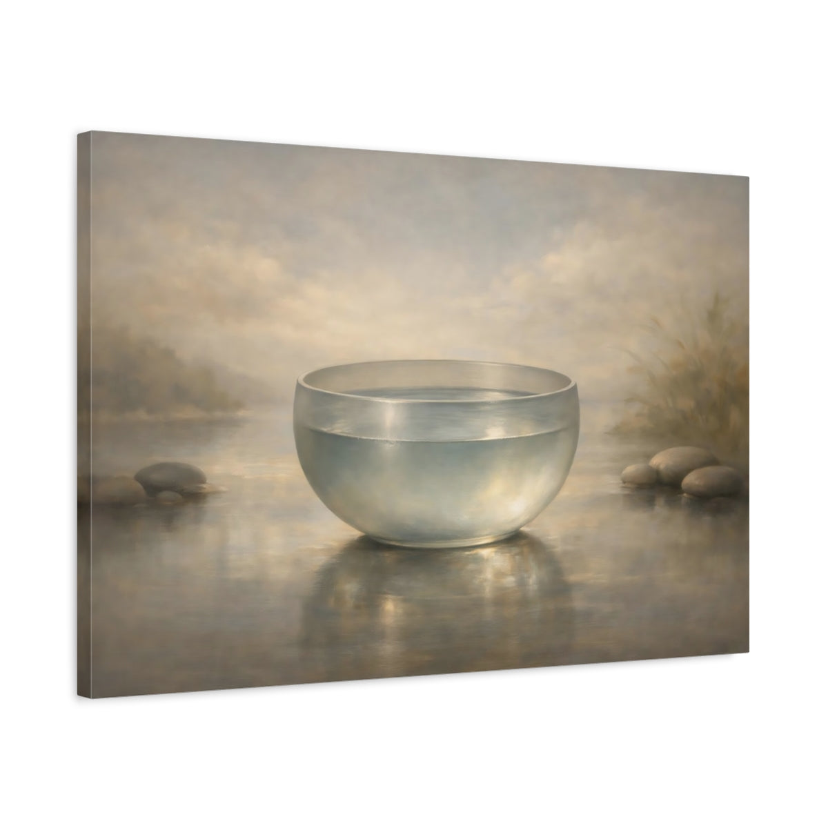 Side Mockup 2. Nature Glass Bowl Misty Water Scene shown as stretched canvas wall art