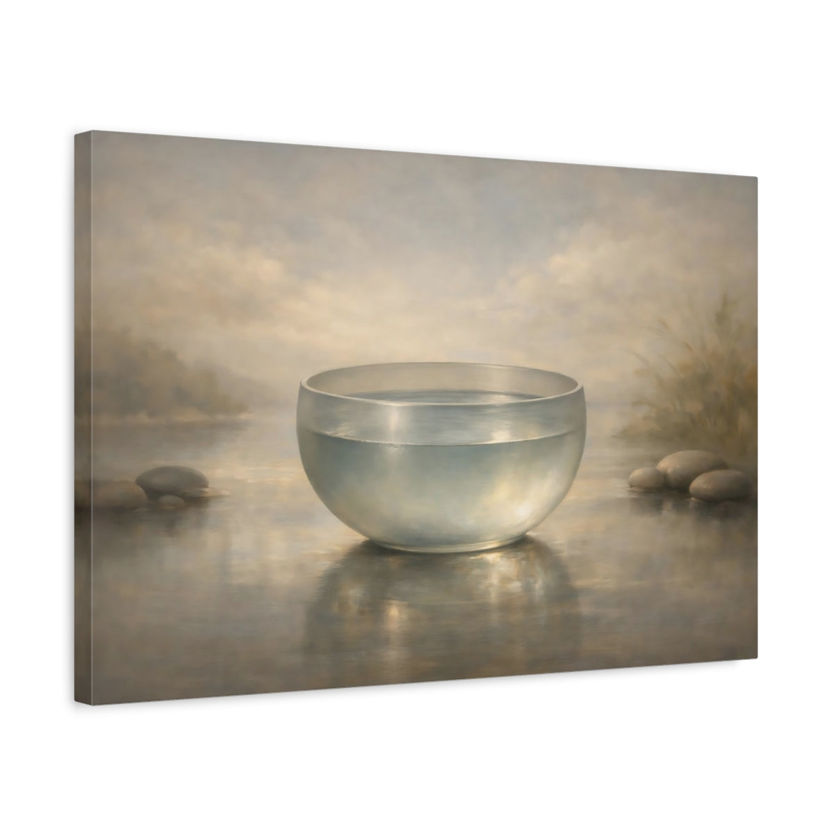 Side Mockup 3. Nature Glass Bowl Misty Water Scene shown as stretched canvas wall art