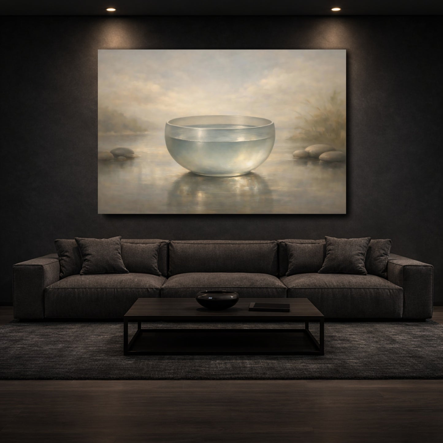 Mockup 2. Nature Glass Bowl Misty Water Scene shown as stretched canvas wall art