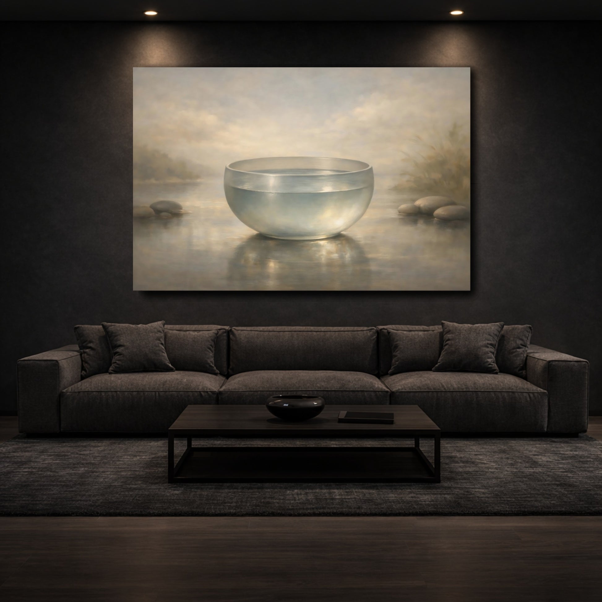 Mockup 2. Nature Glass Bowl Misty Water Scene shown as stretched canvas wall art