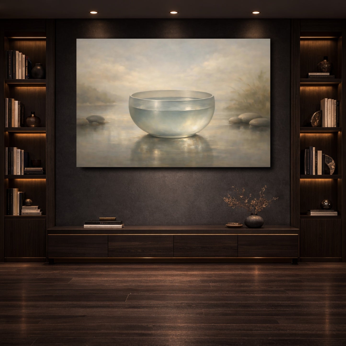 Mockup 3. Nature Glass Bowl Misty Water Scene shown as stretched canvas wall art