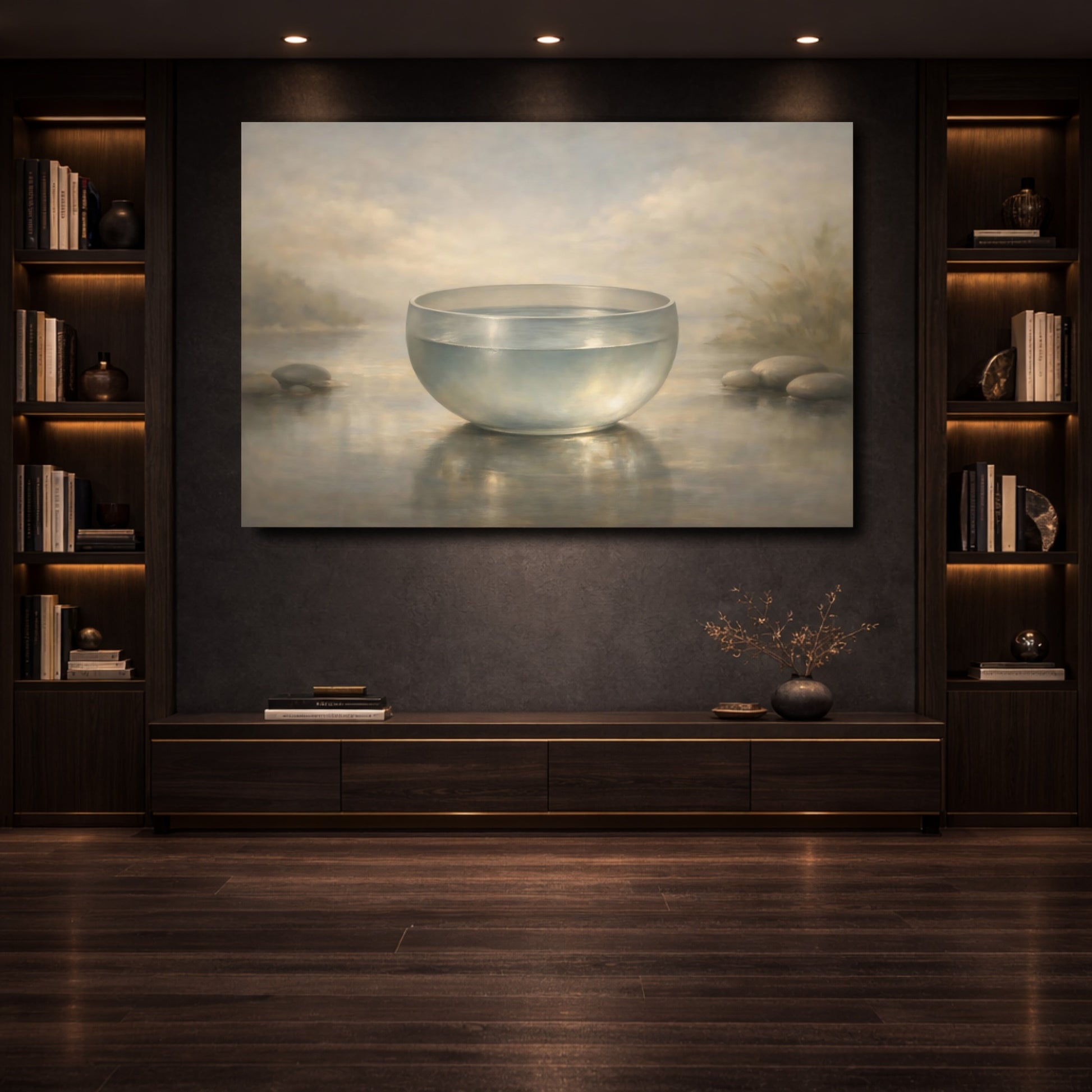 Mockup 3. Nature Glass Bowl Misty Water Scene shown as stretched canvas wall art
