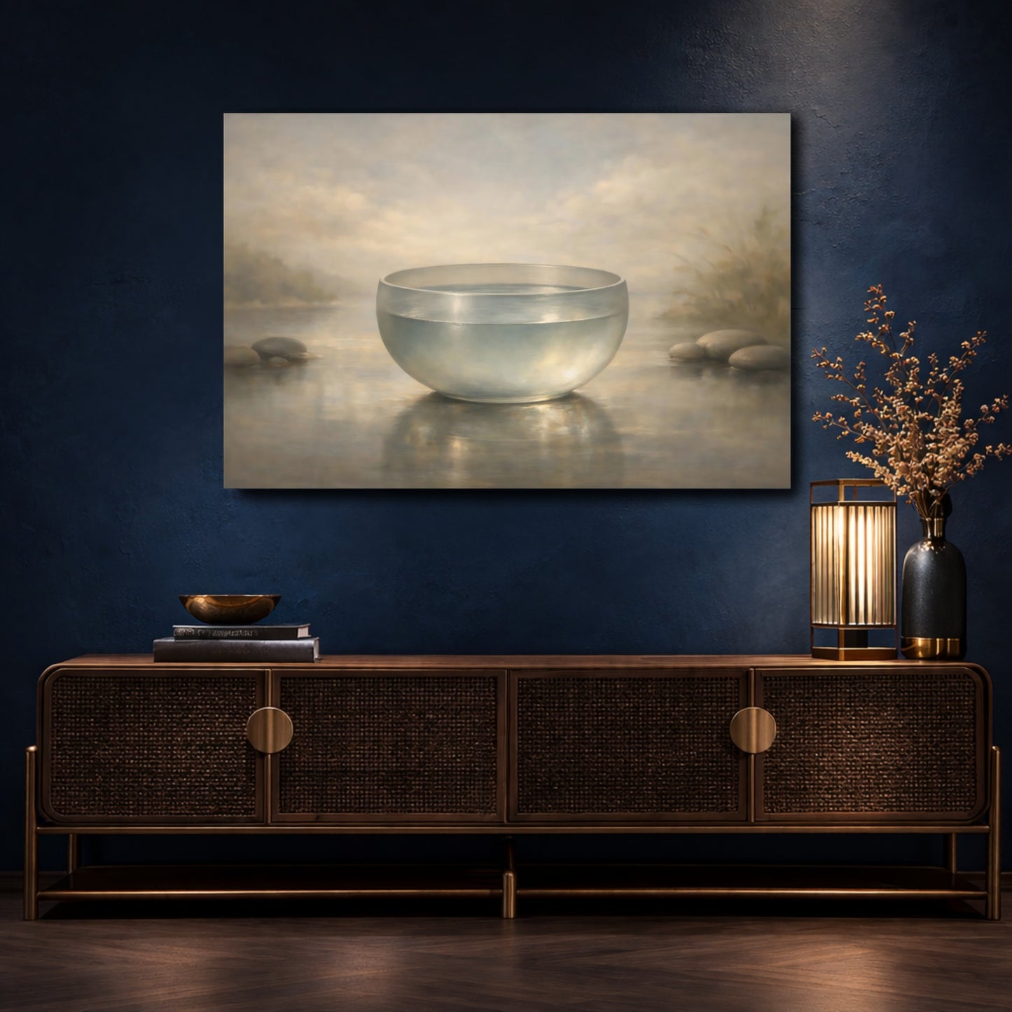 Mockup 4. Nature Glass Bowl Misty Water Scene shown as stretched canvas wall art