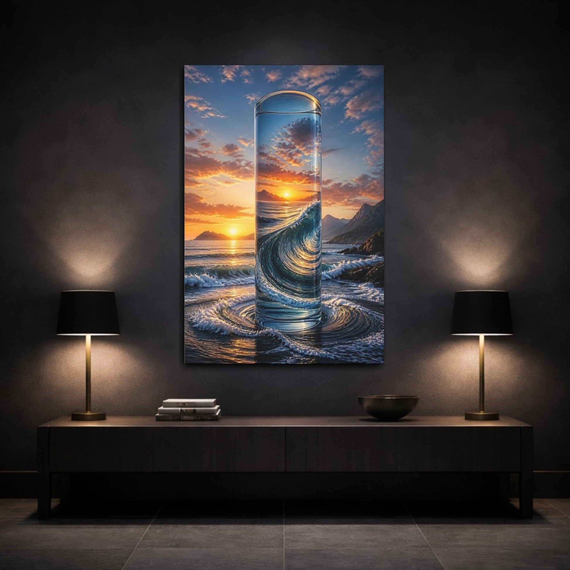 Nature Glass Ocean Orange And Blue Canvas Wall Art Print – Surreal Living Room, Above Console Table - YesArtYes