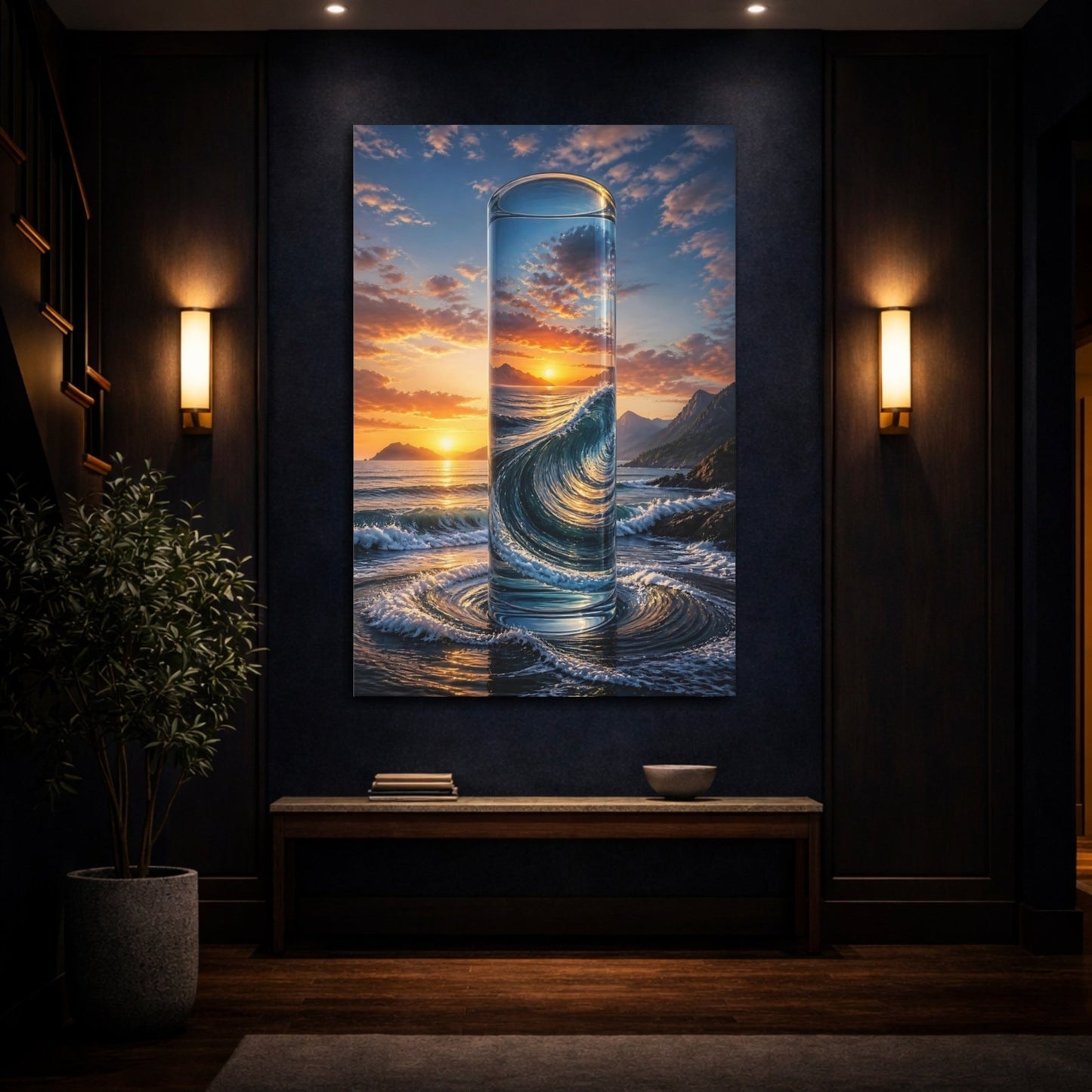 Nature Glass Ocean Orange And Blue Canvas Wall Art Print – Surreal Living Room, Above Console Table - YesArtYes