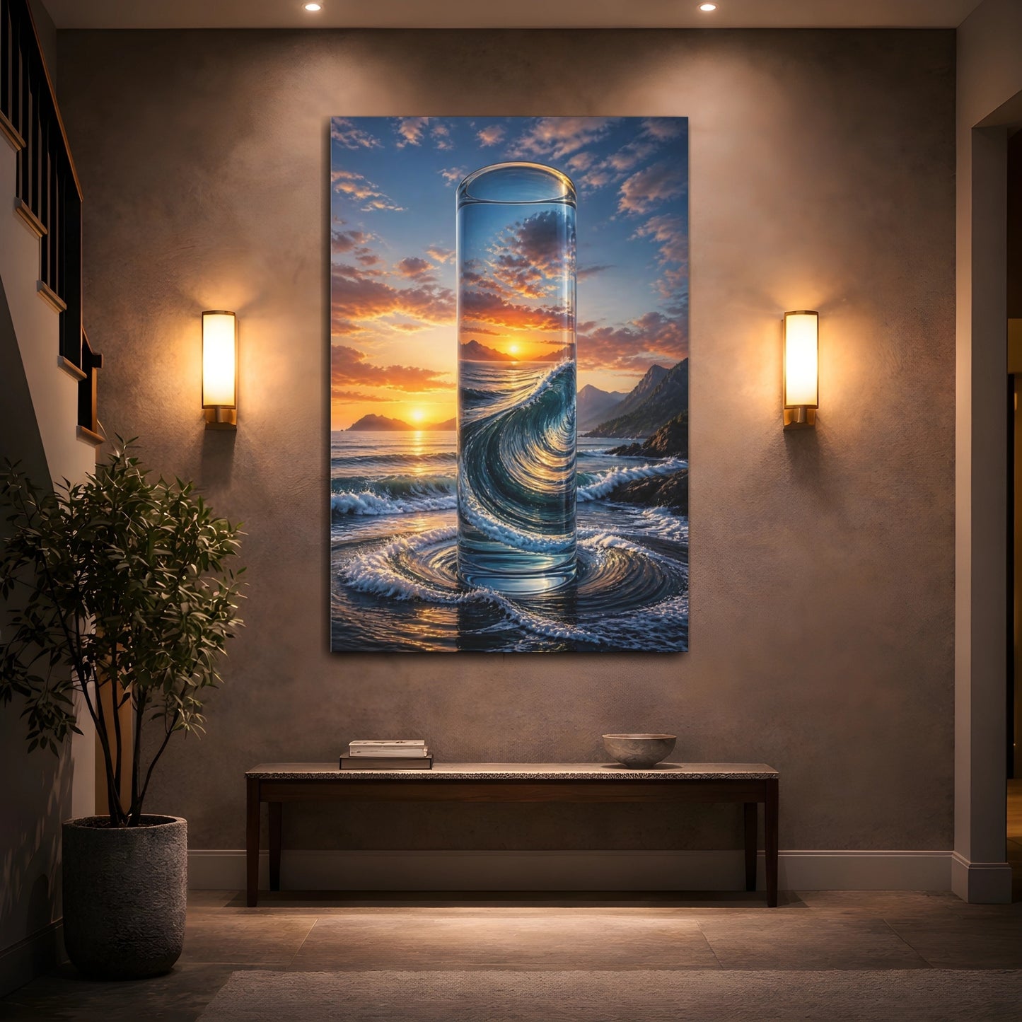 Mockup 2. Nature Glass Ocean Orange And Blue shown as stretched canvas wall art