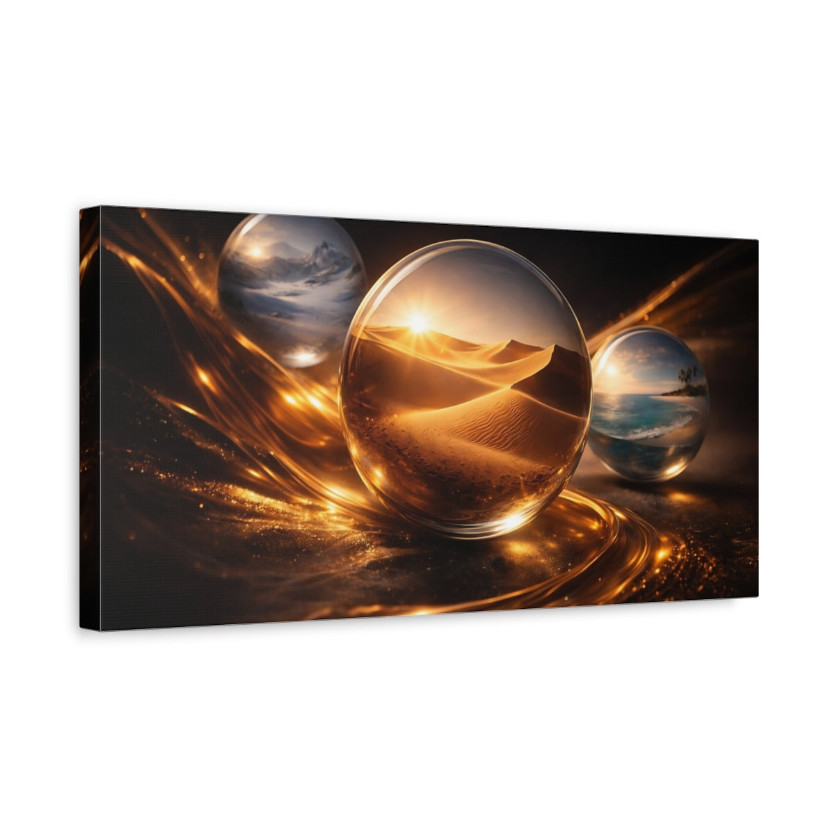 Side Mockup 3. Nature Glass Orbs Golden Abstract shown as stretched canvas wall art
