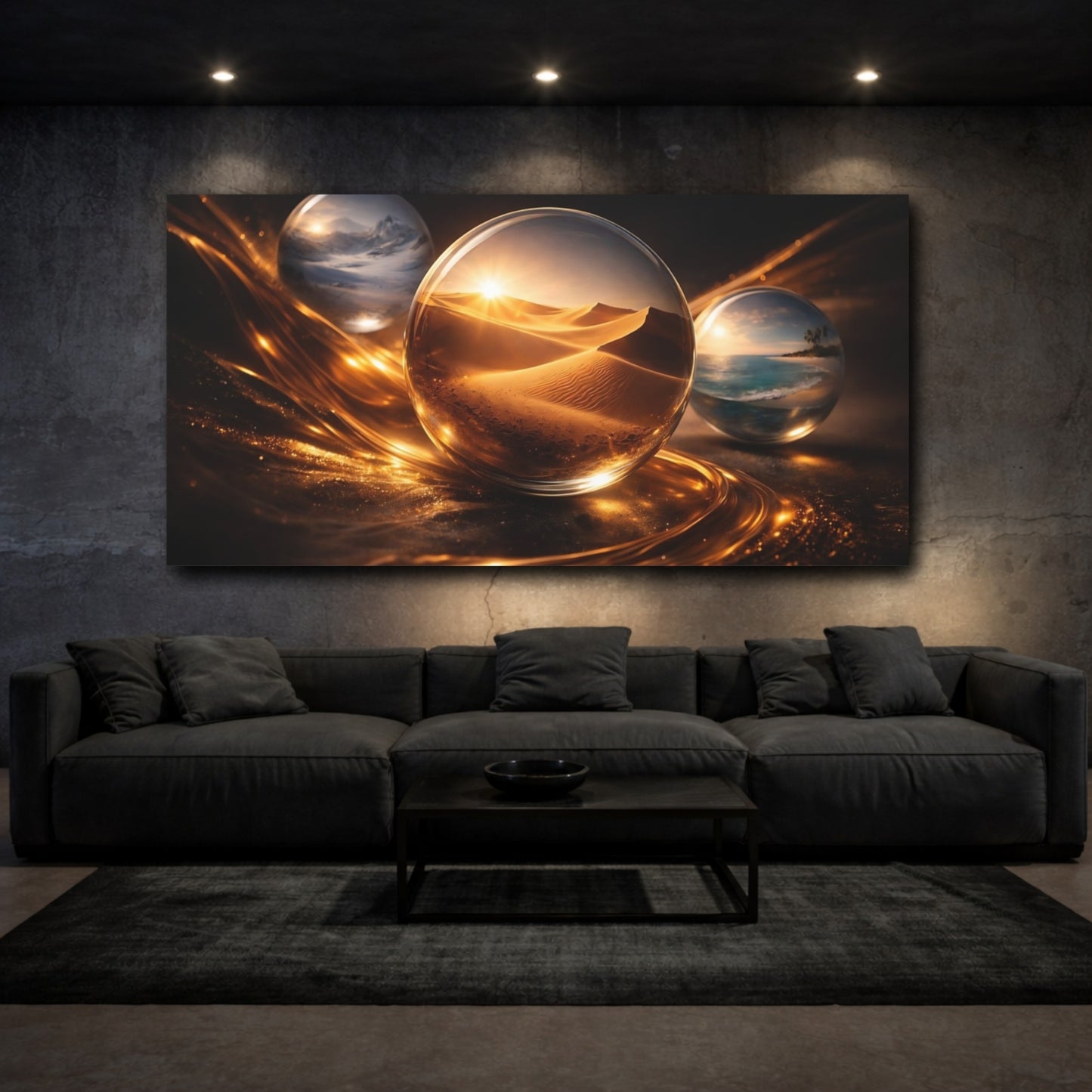 Mockup 2. Nature Glass Orbs Golden Abstract shown as stretched canvas wall art