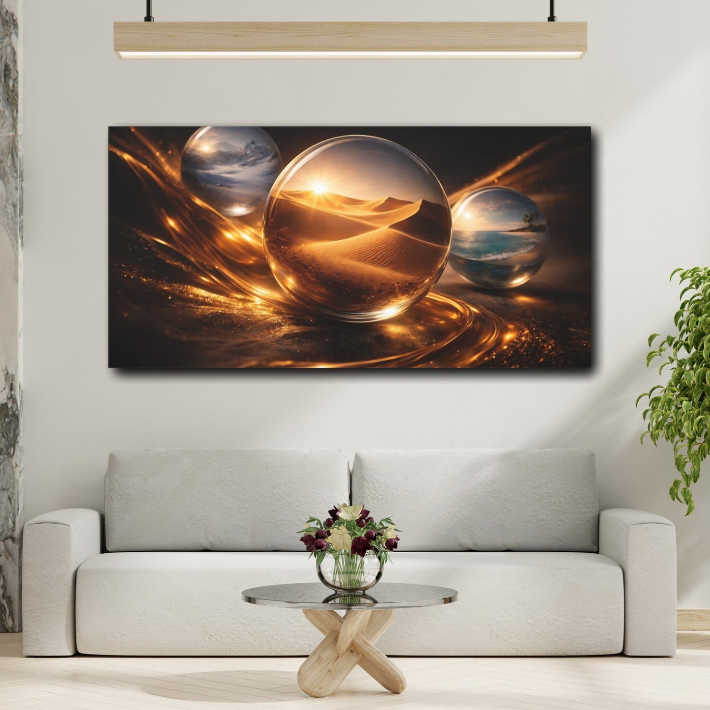Mockup 3. Nature Glass Orbs Golden Abstract shown as stretched canvas wall art