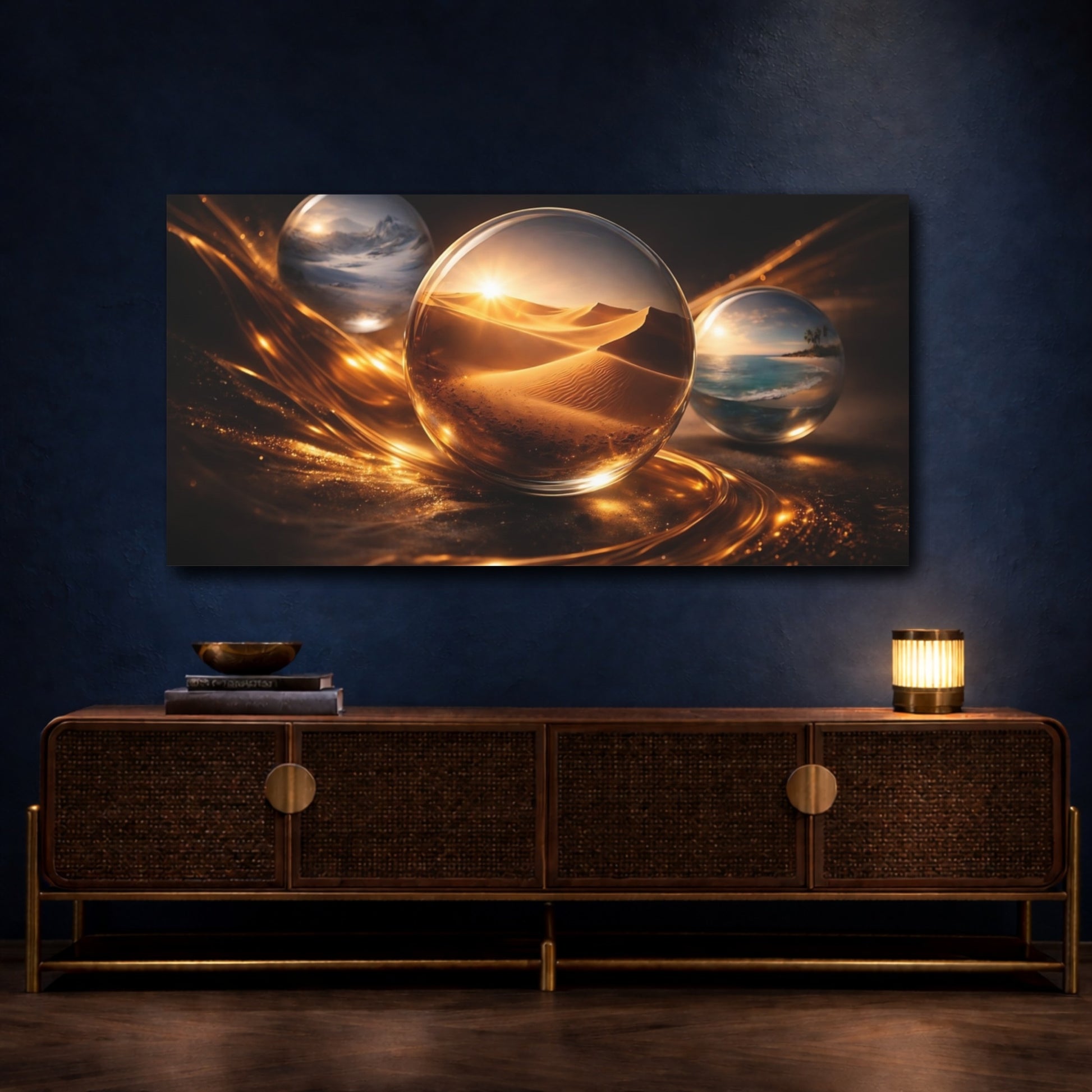 Mockup 4. Nature Glass Orbs Golden Abstract shown as stretched canvas wall art