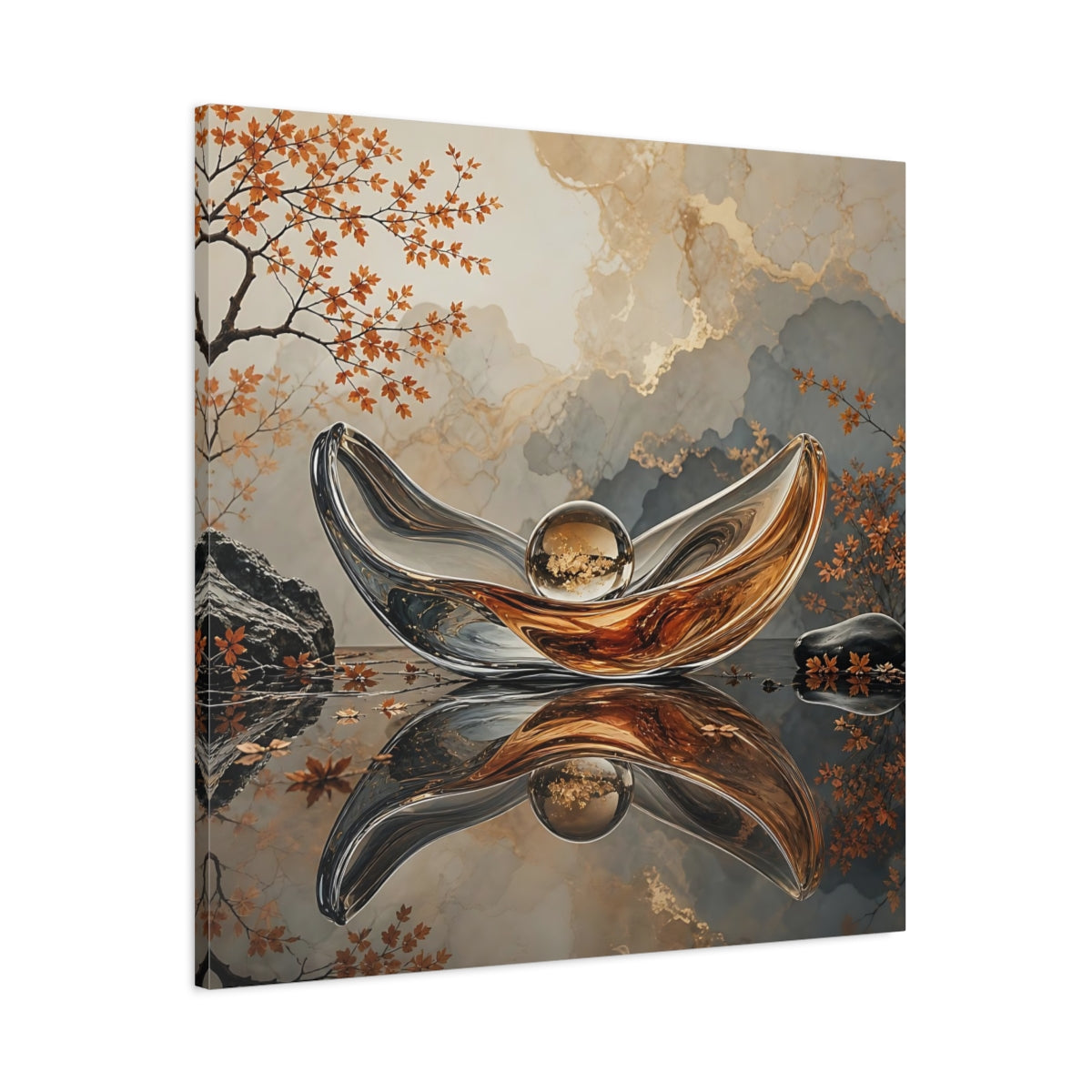 Main Mockup. Nature Glass Sculpture Gold Grey Autumn shown as stretched canvas wall art