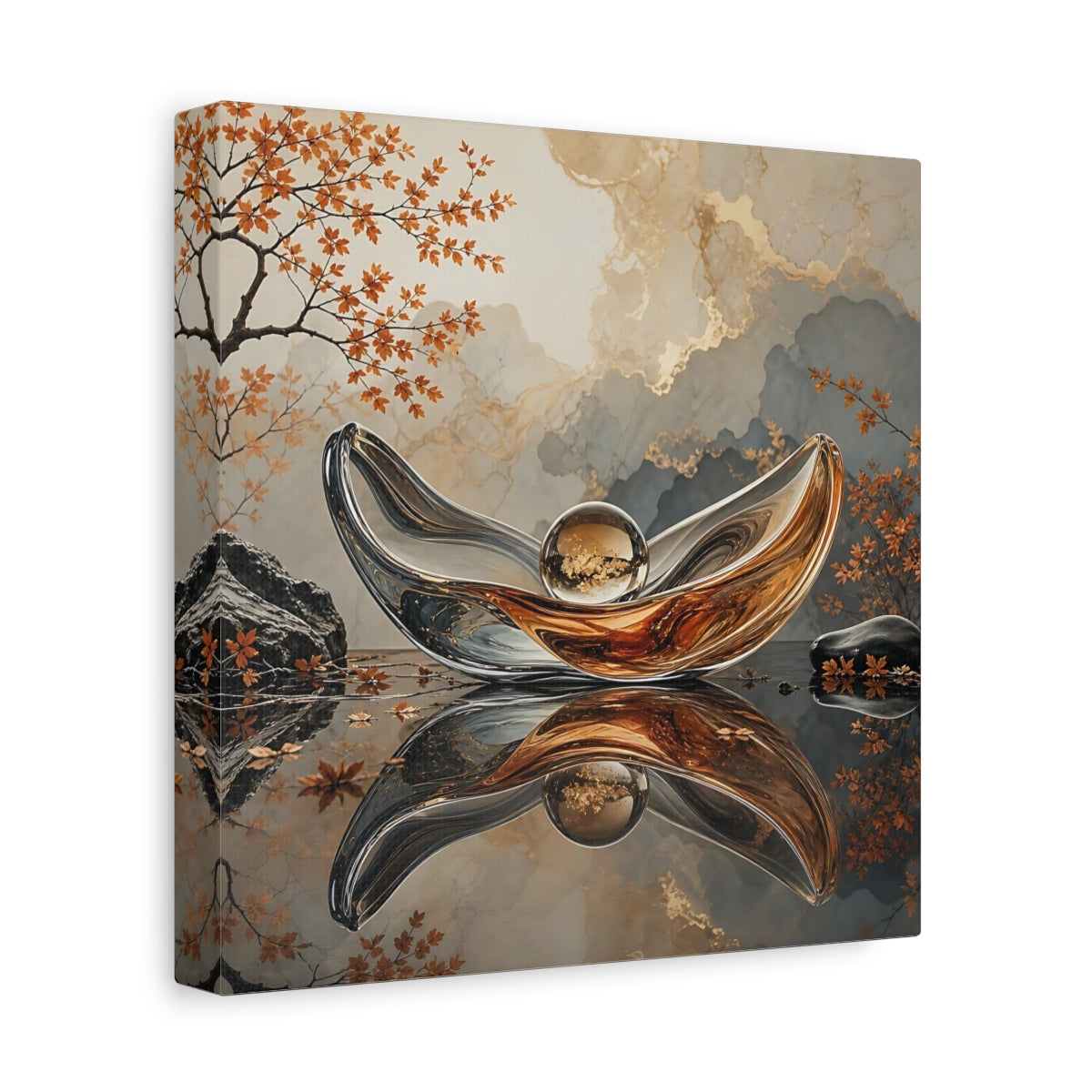 Side Mockup 9. Nature Glass Sculpture Gold Grey Autumn shown as stretched canvas wall art