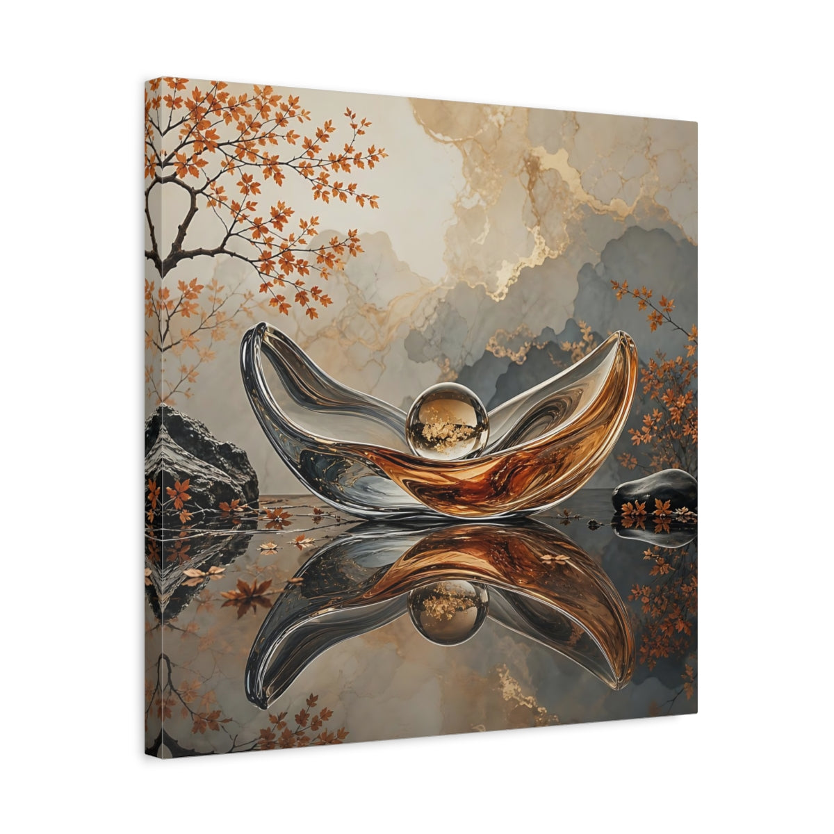 Side Mockup 5. Nature Glass Sculpture Gold Grey Autumn shown as stretched canvas wall art