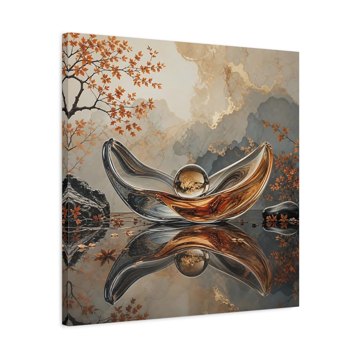Side Mockup 4. Nature Glass Sculpture Gold Grey Autumn shown as stretched canvas wall art