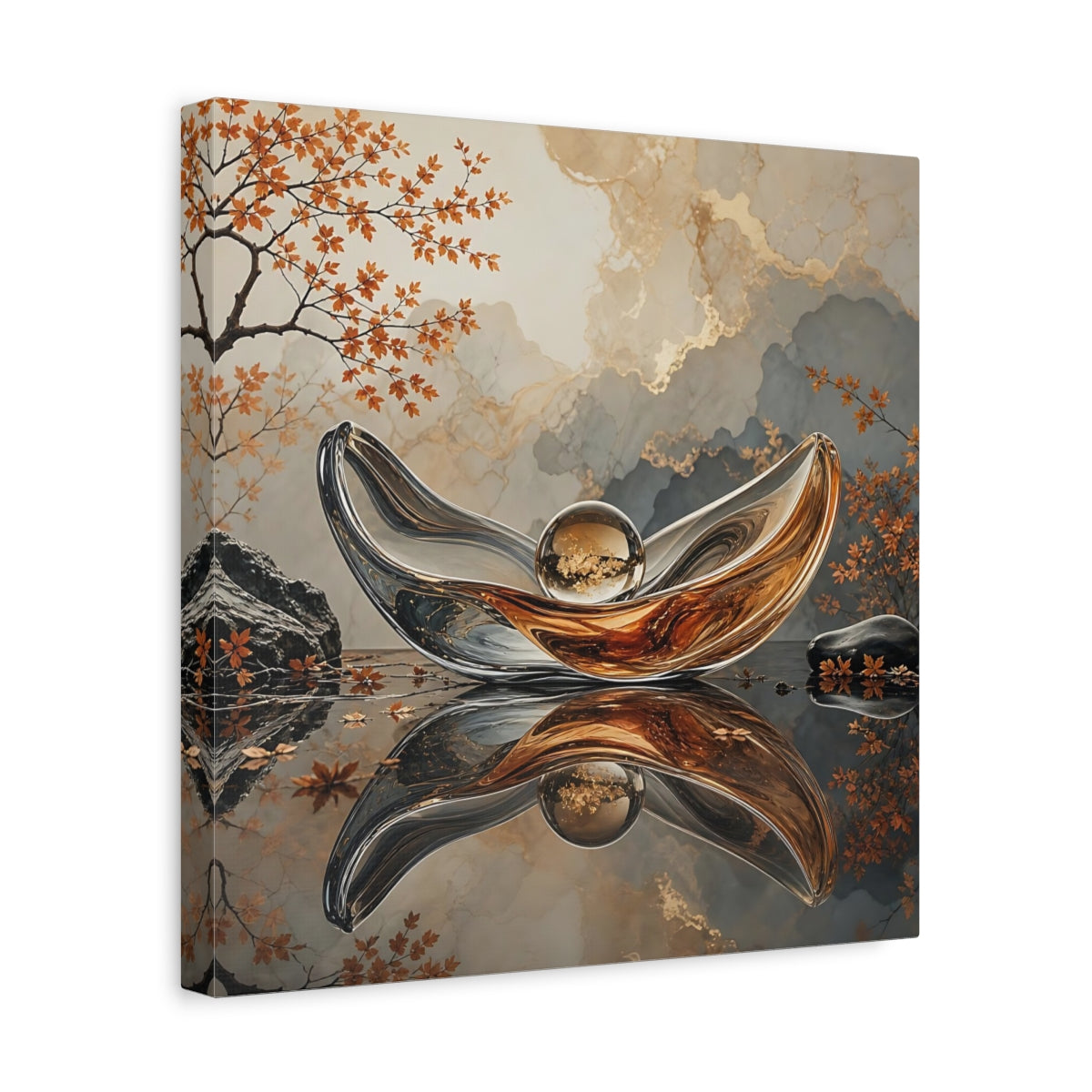 Side Mockup 7. Nature Glass Sculpture Gold Grey Autumn shown as stretched canvas wall art