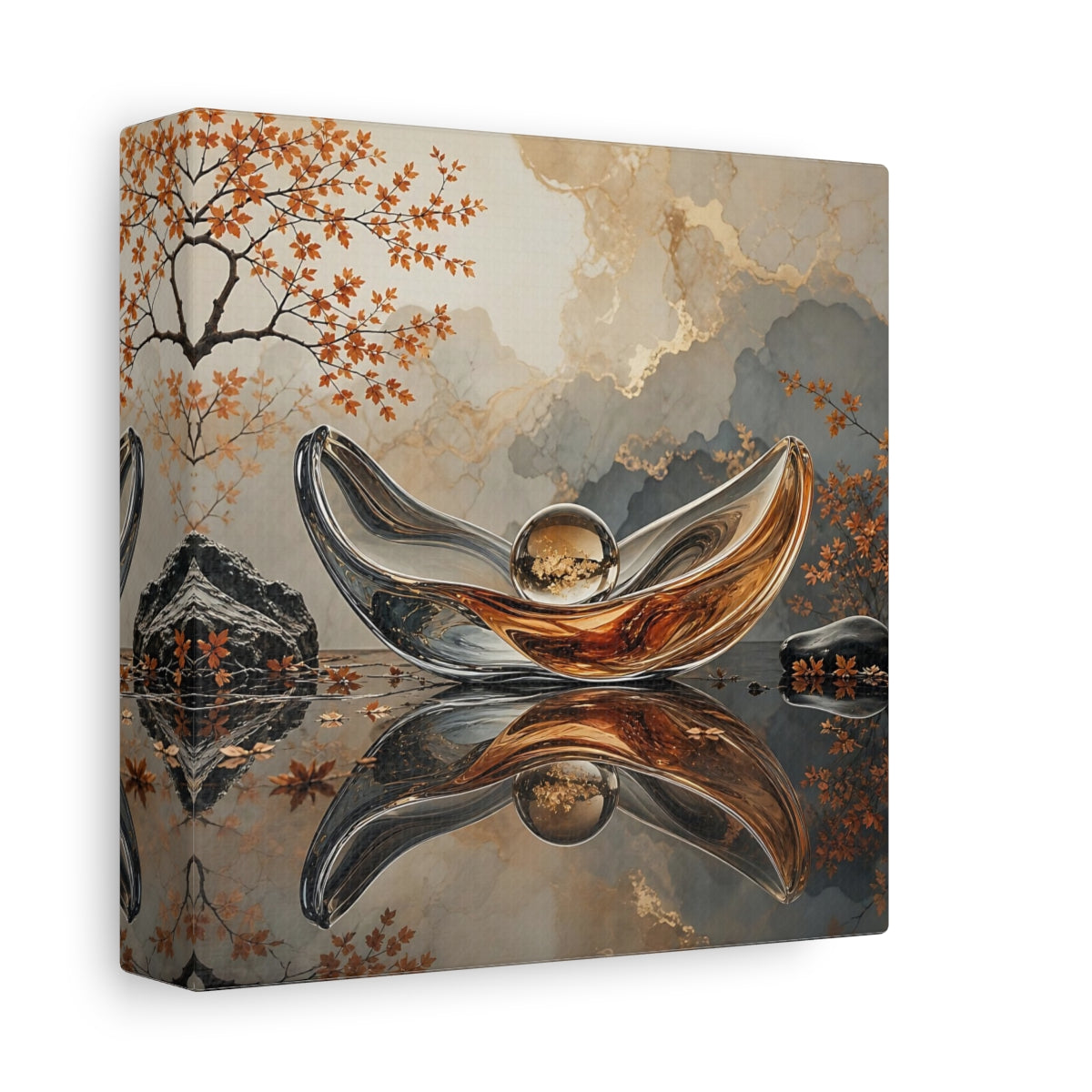 Side Mockup 2. Nature Glass Sculpture Gold Grey Autumn shown as stretched canvas wall art