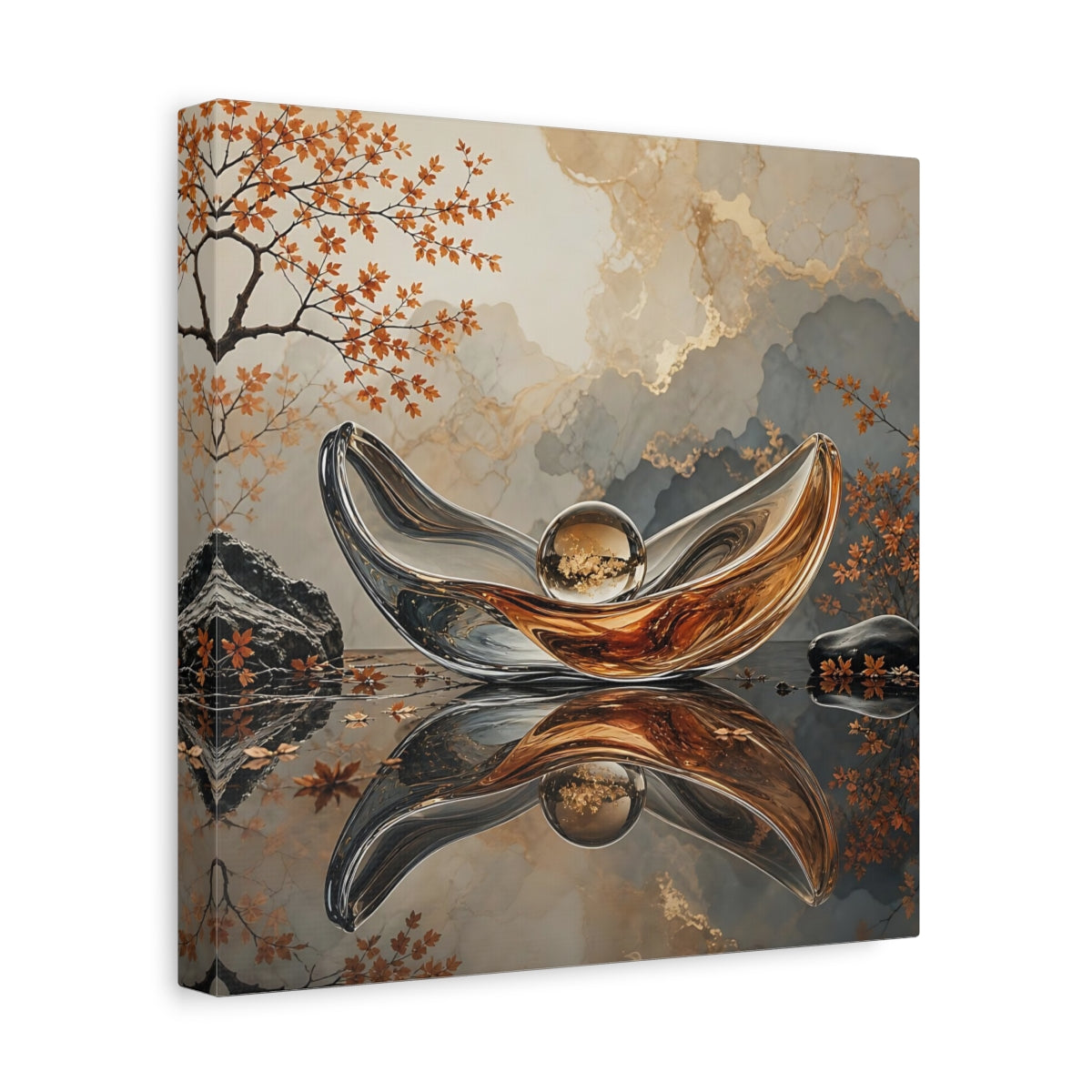 Side Mockup 8. Nature Glass Sculpture Gold Grey Autumn shown as stretched canvas wall art