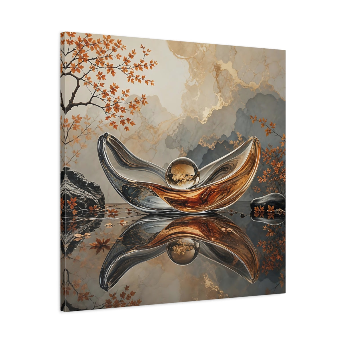 Side Mockup 3. Nature Glass Sculpture Gold Grey Autumn shown as stretched canvas wall art