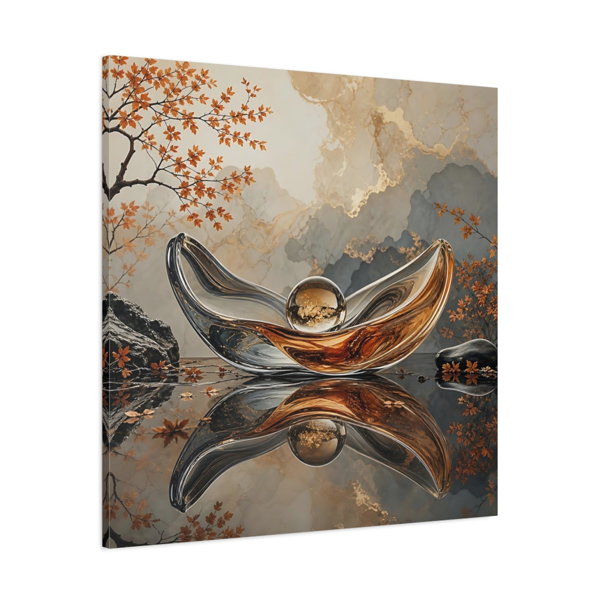 Side Mockup 1. Nature Glass Sculpture Gold Grey Autumn shown as stretched canvas wall art