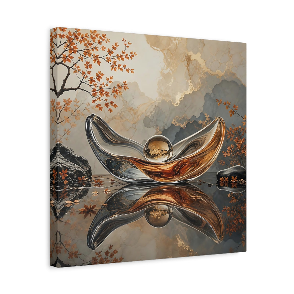 Side Mockup 6. Nature Glass Sculpture Gold Grey Autumn shown as stretched canvas wall art