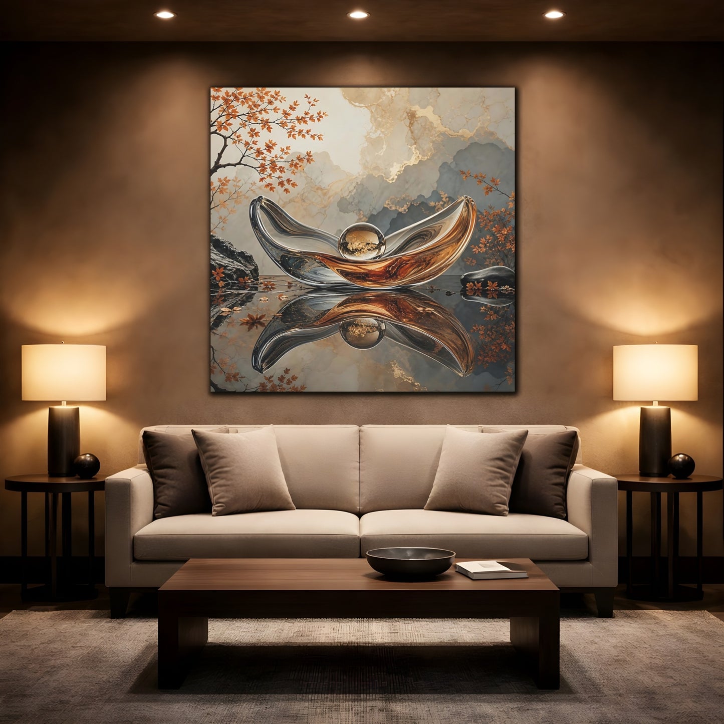 Mockup 2. Nature Glass Sculpture Gold Grey Autumn shown as stretched canvas wall art