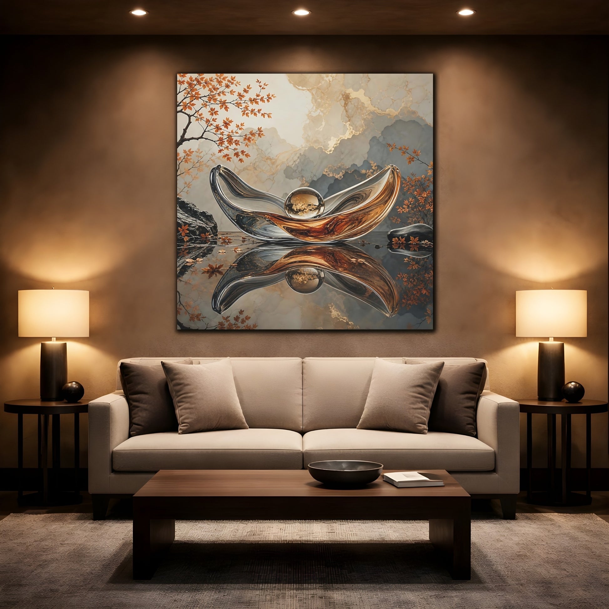 Mockup 2. Nature Glass Sculpture Gold Grey Autumn shown as stretched canvas wall art