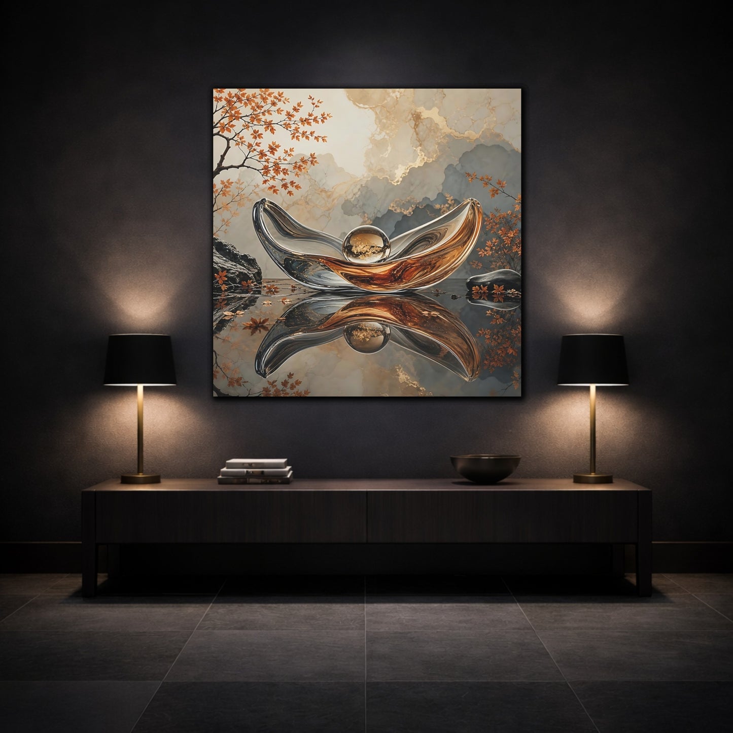 Mockup 3. Nature Glass Sculpture Gold Grey Autumn shown as stretched canvas wall art