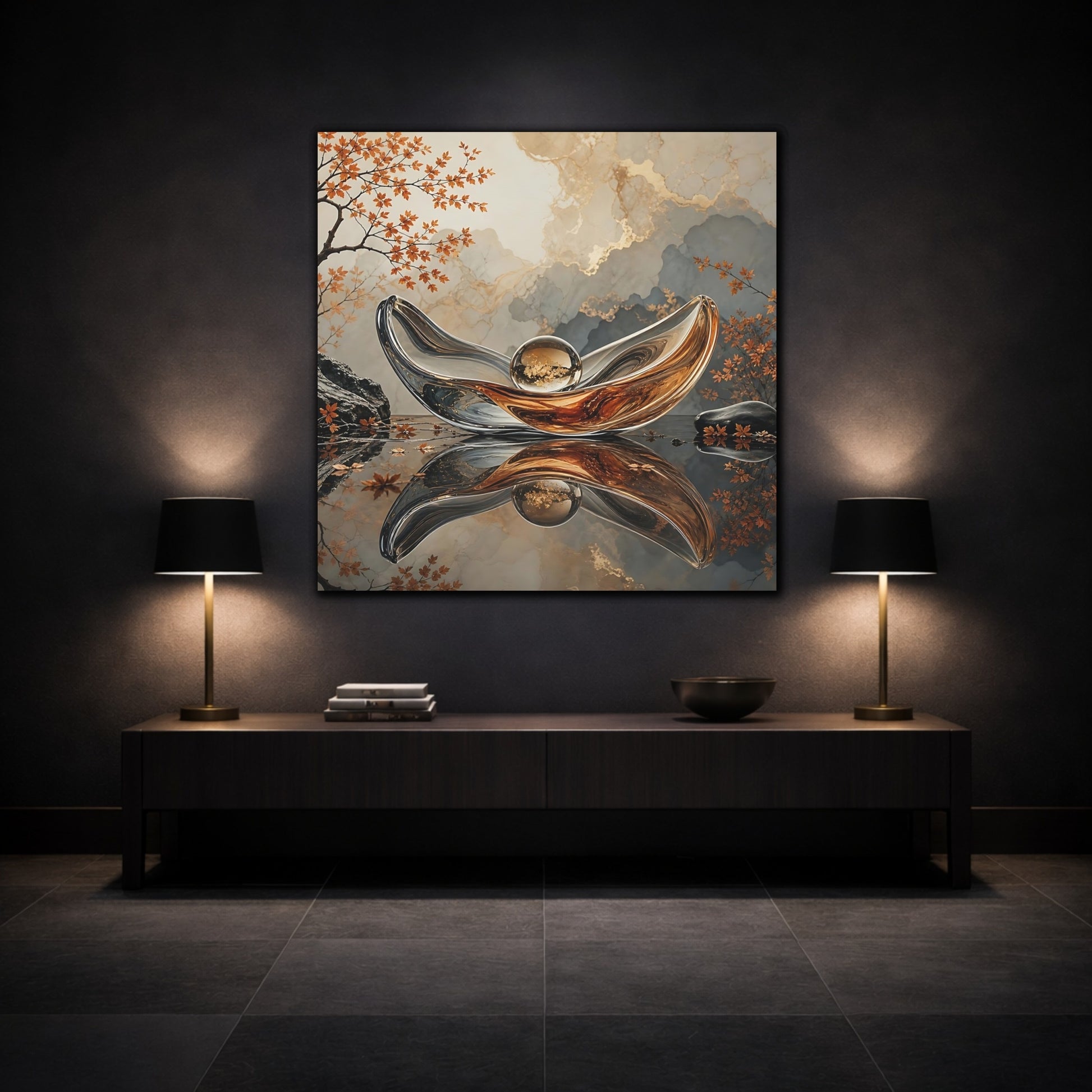 Mockup 3. Nature Glass Sculpture Gold Grey Autumn shown as stretched canvas wall art