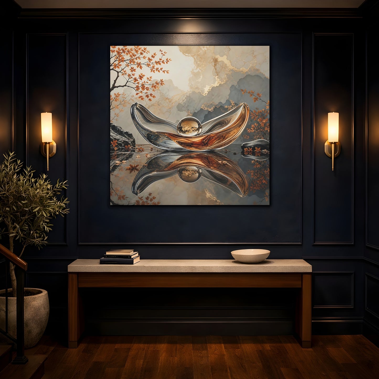 Mockup 4. Nature Glass Sculpture Gold Grey Autumn shown as stretched canvas wall art