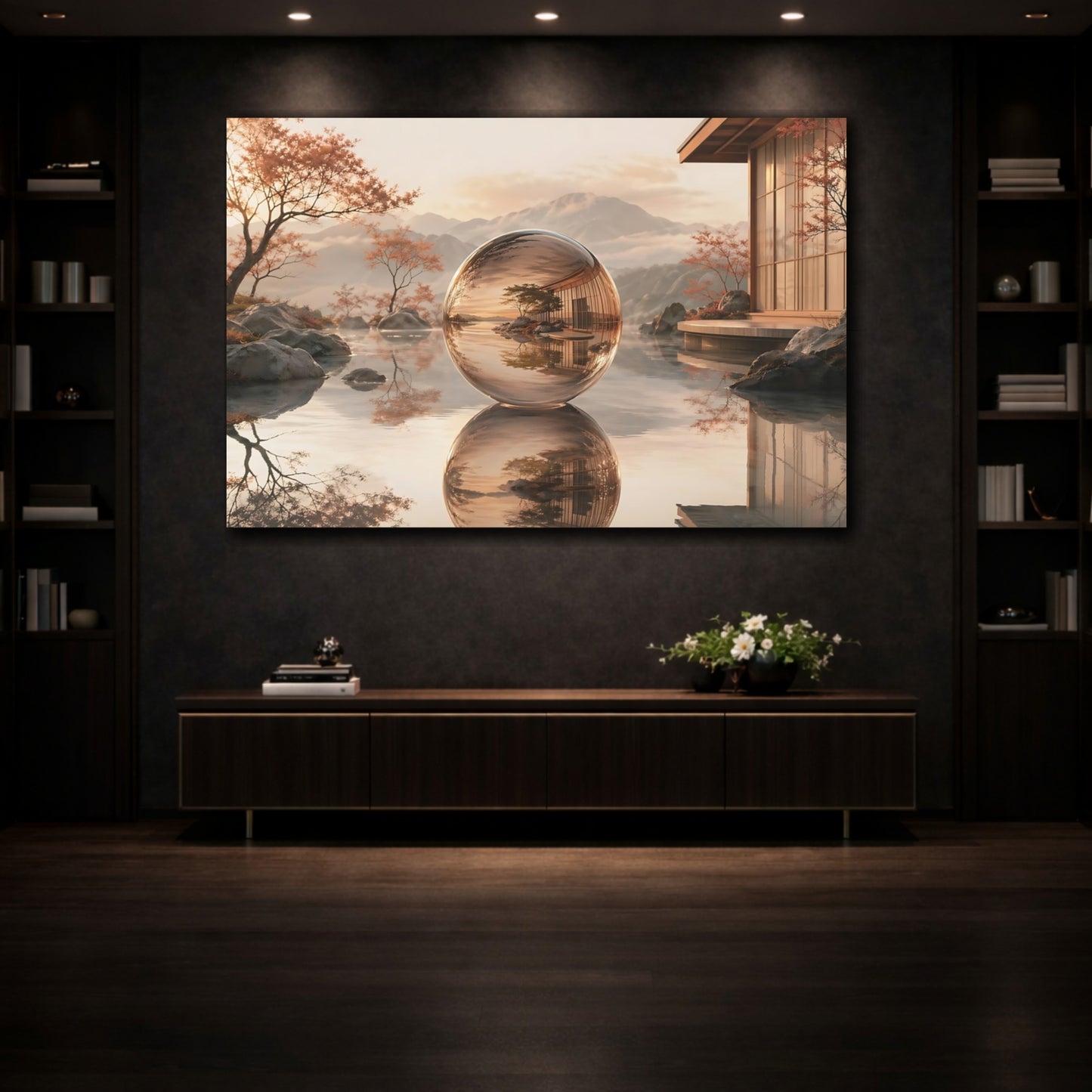 Mockup 3. Nature Glass Sphere Zen Sphere shown as stretched canvas wall art