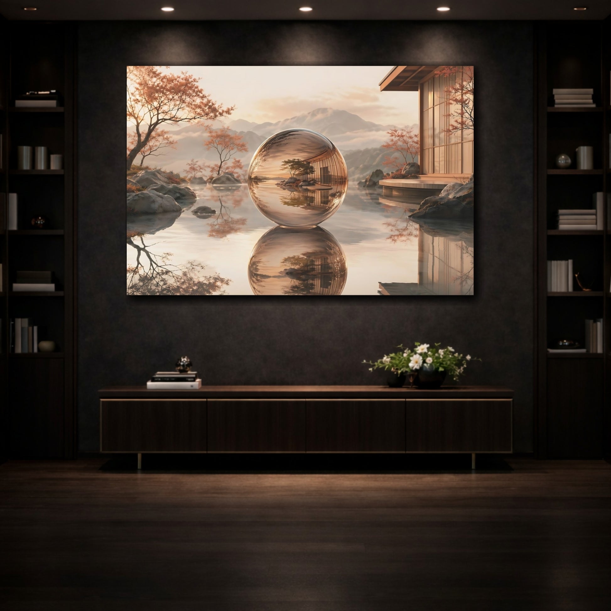 Mockup 3. Nature Glass Sphere Zen Sphere shown as stretched canvas wall art