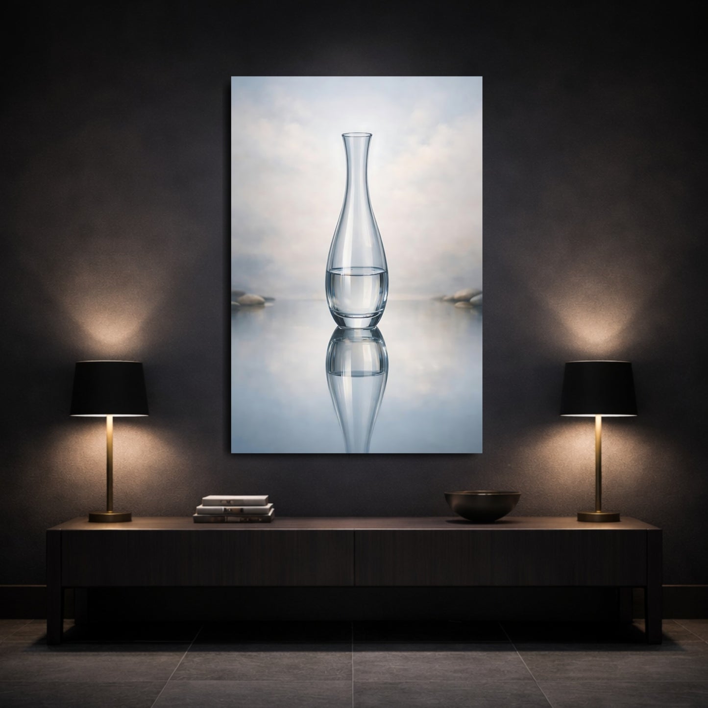 Nature Glass Vase Glass Water Reflection shown as front canvas room wall art