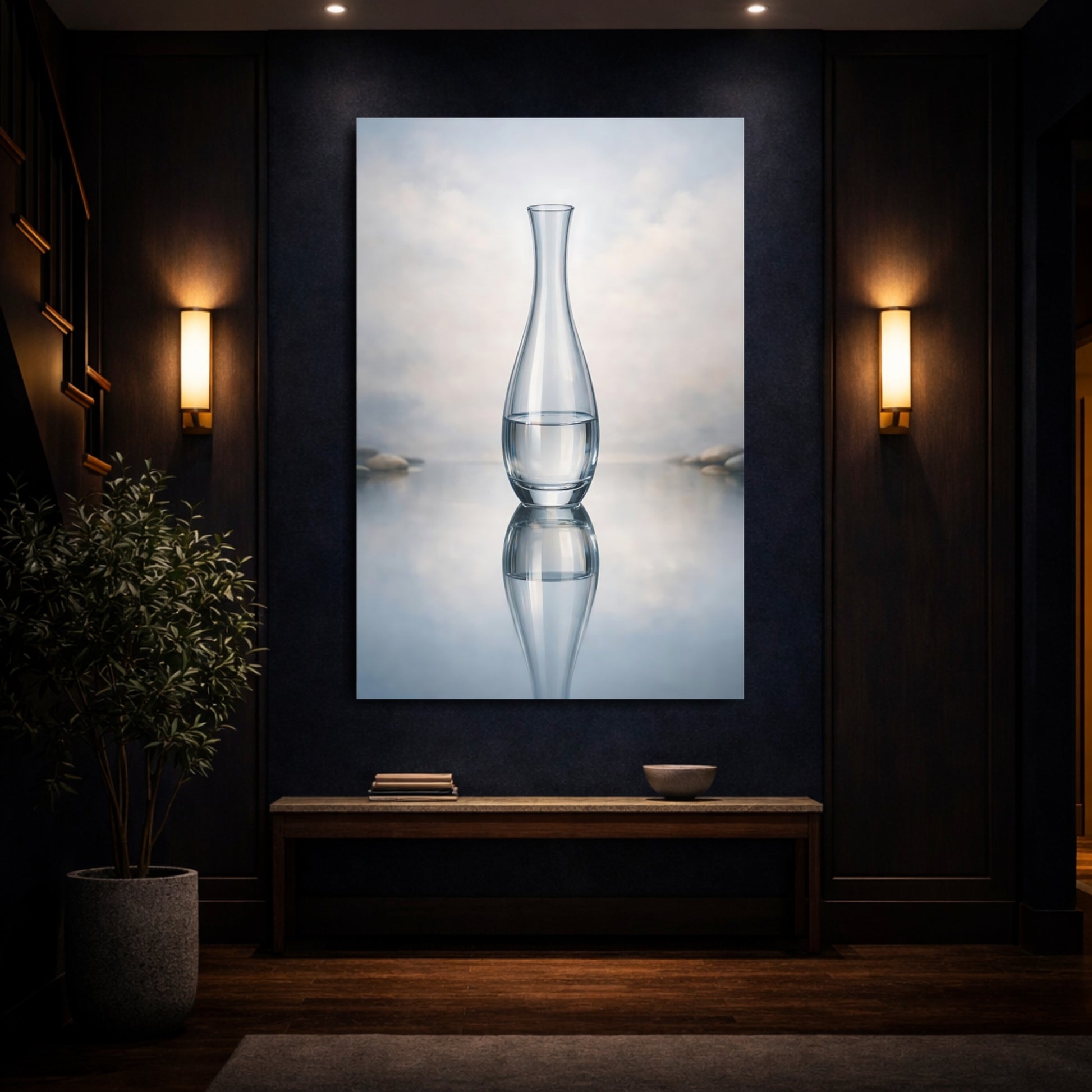 Nature Glass Vase Glass Water Reflection shown as front canvas room wall art