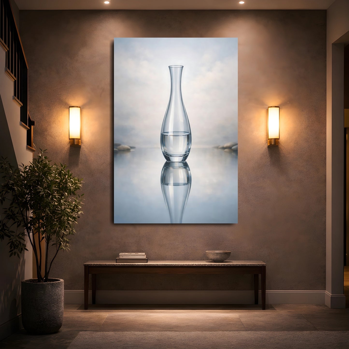 Nature Glass Vase Glass Water Reflection shown as front canvas room wall art
