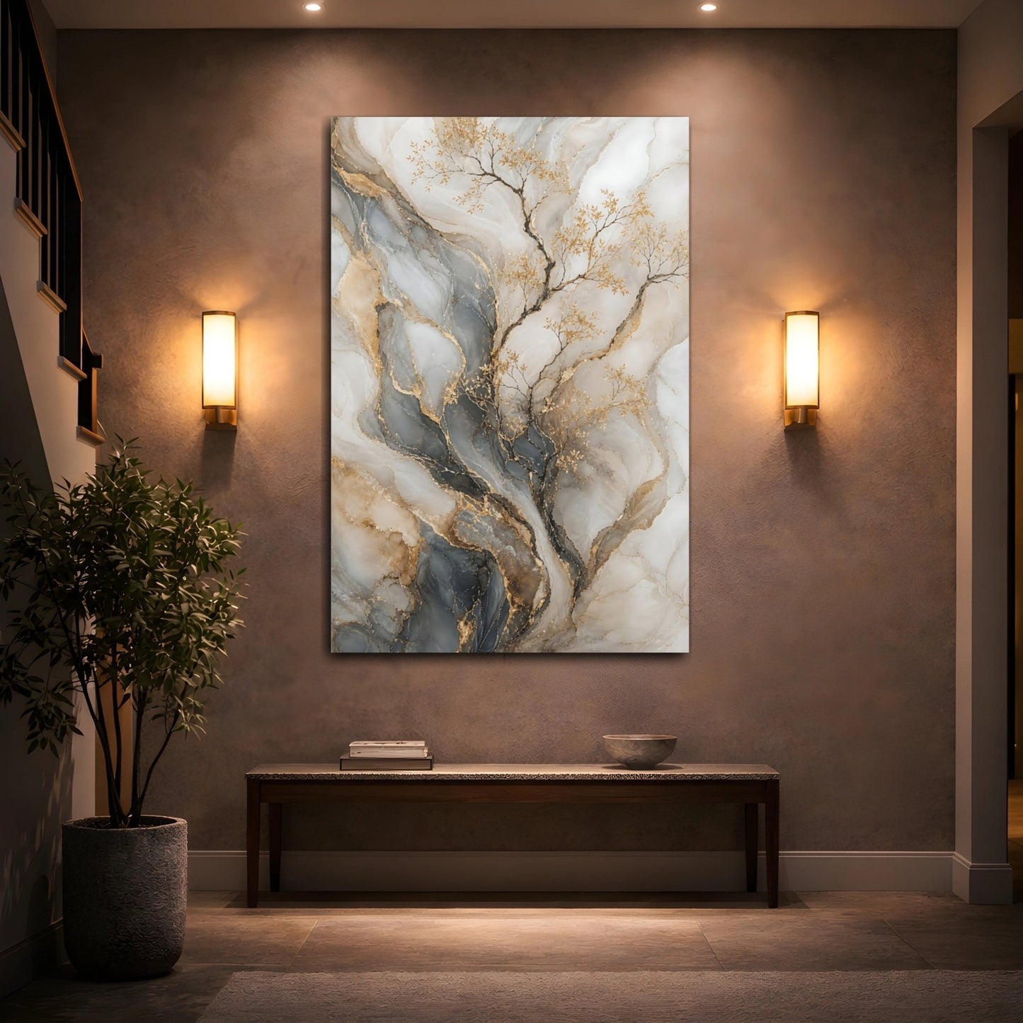 Nature Golden Branches Gold And Gray Canvas Print – Modern Decor for Living Room, Above Console Table - YesArtYes