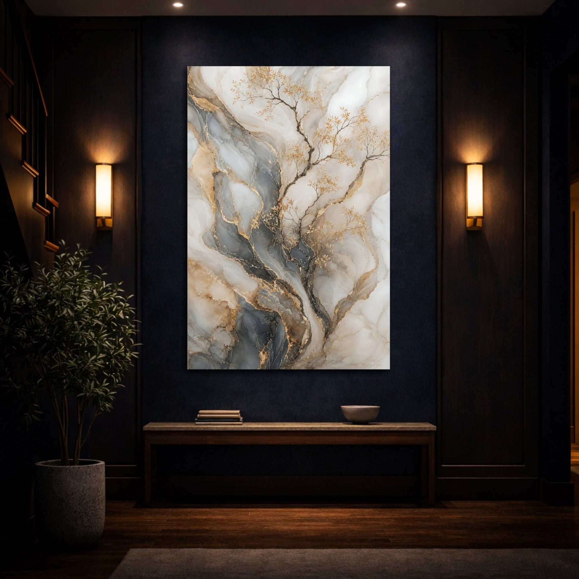 Nature Golden Branches Gold And Gray Canvas Print – Modern Decor for Living Room, Above Console Table - YesArtYes
