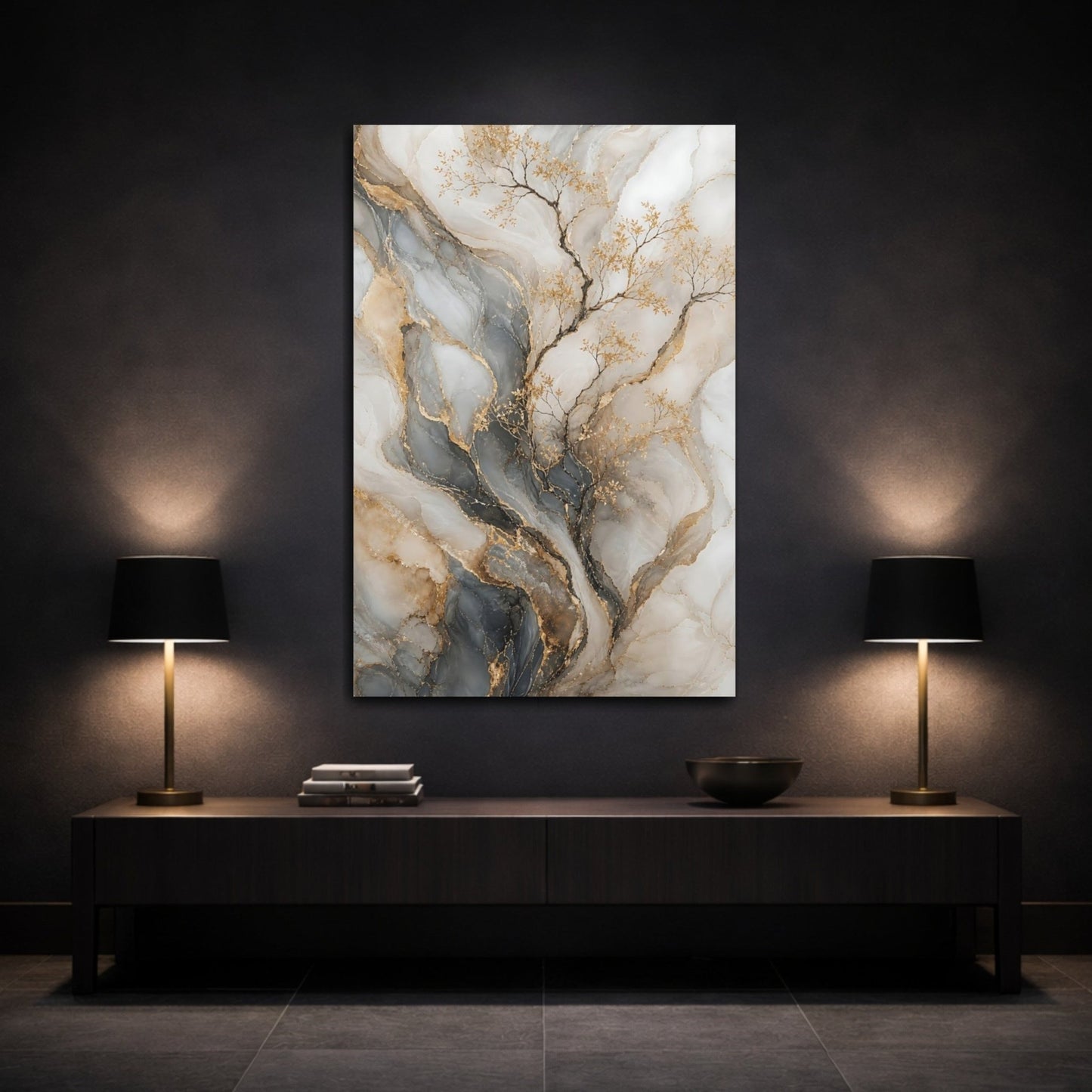Nature Golden Branches Gold And Gray Canvas Print – Modern Decor for Living Room, Above Console Table - YesArtYes