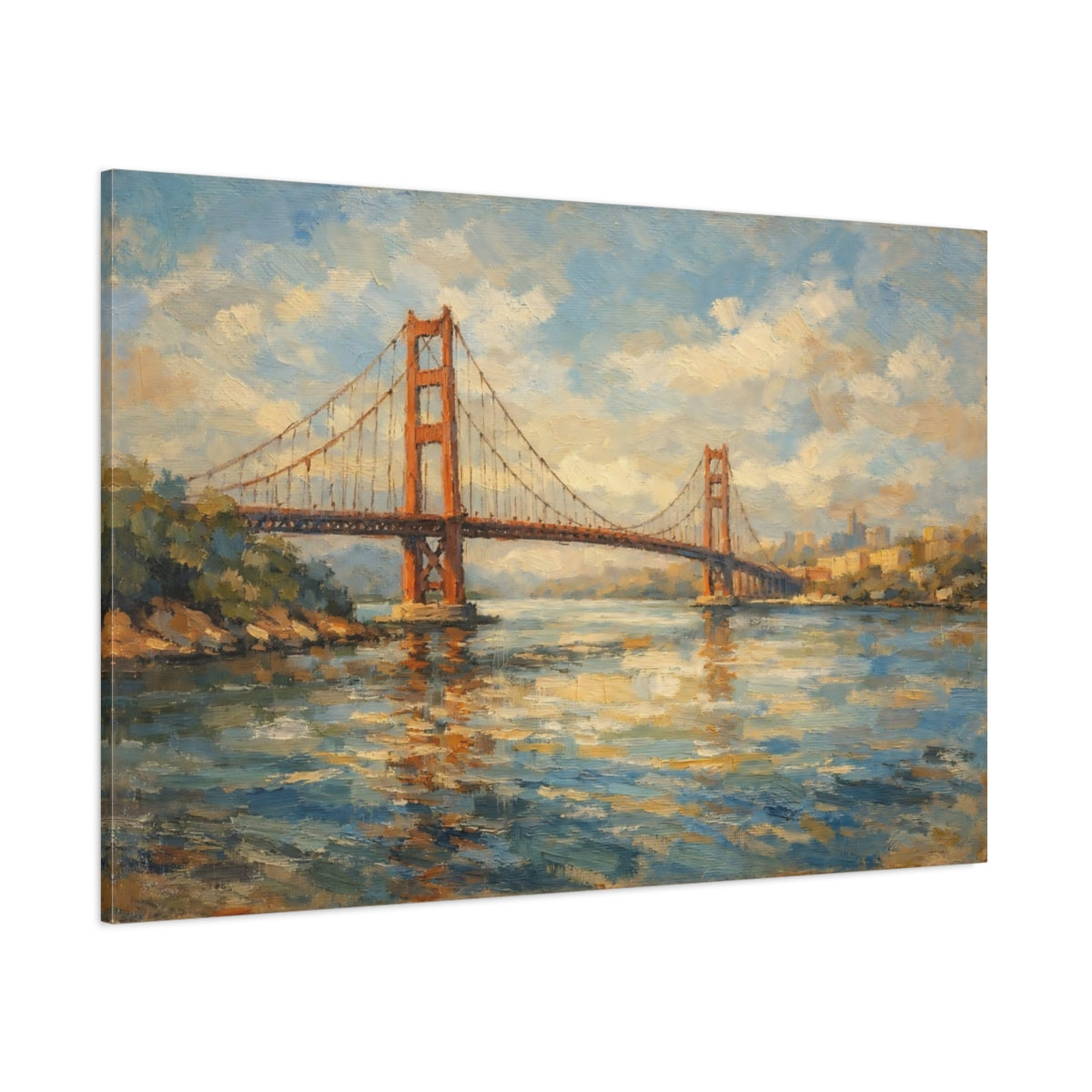 Main Mockup. Nature Golden Gate Bridge Orange And Blue shown as stretched canvas wall art