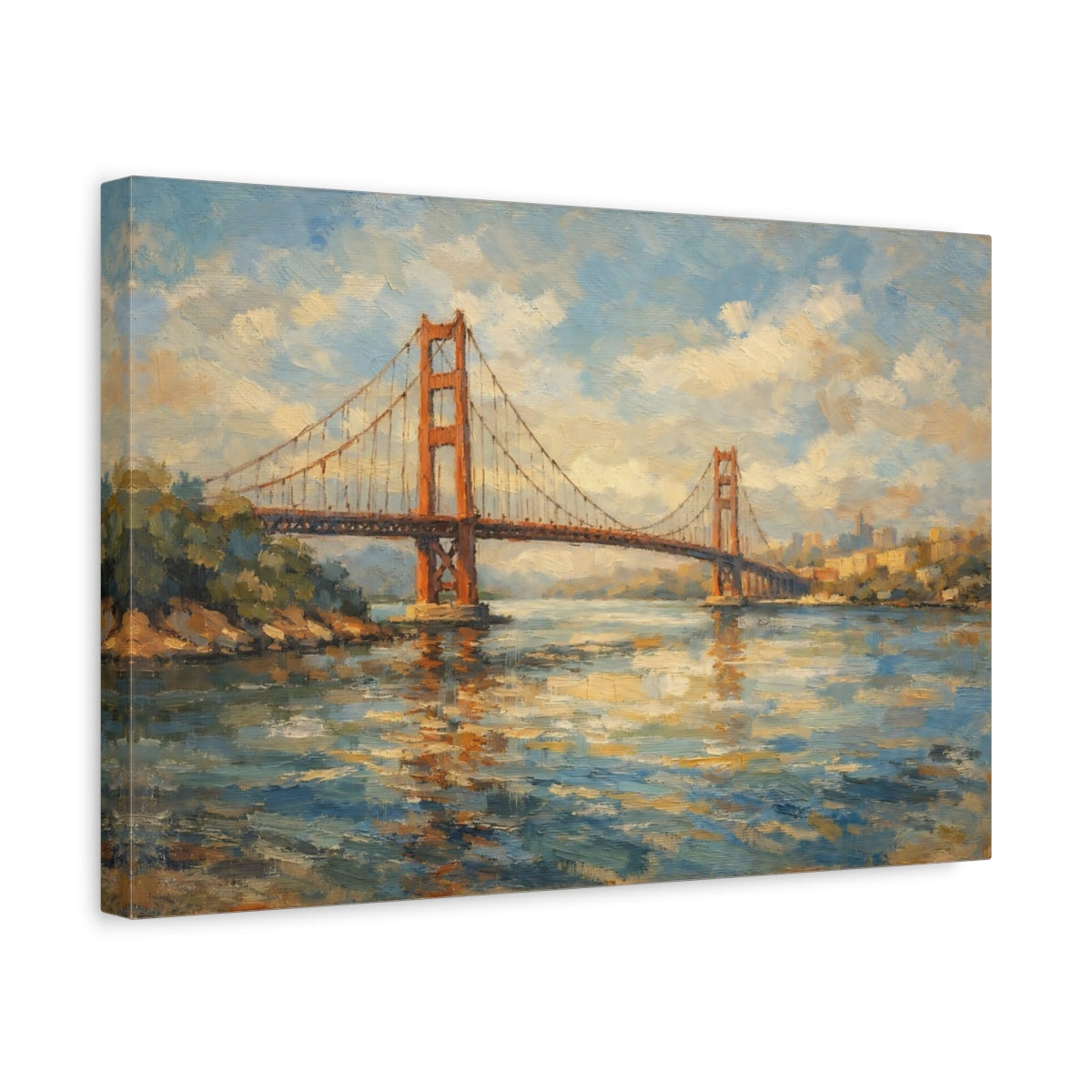 Side Mockup 4. Nature Golden Gate Bridge Orange And Blue shown as stretched canvas wall art