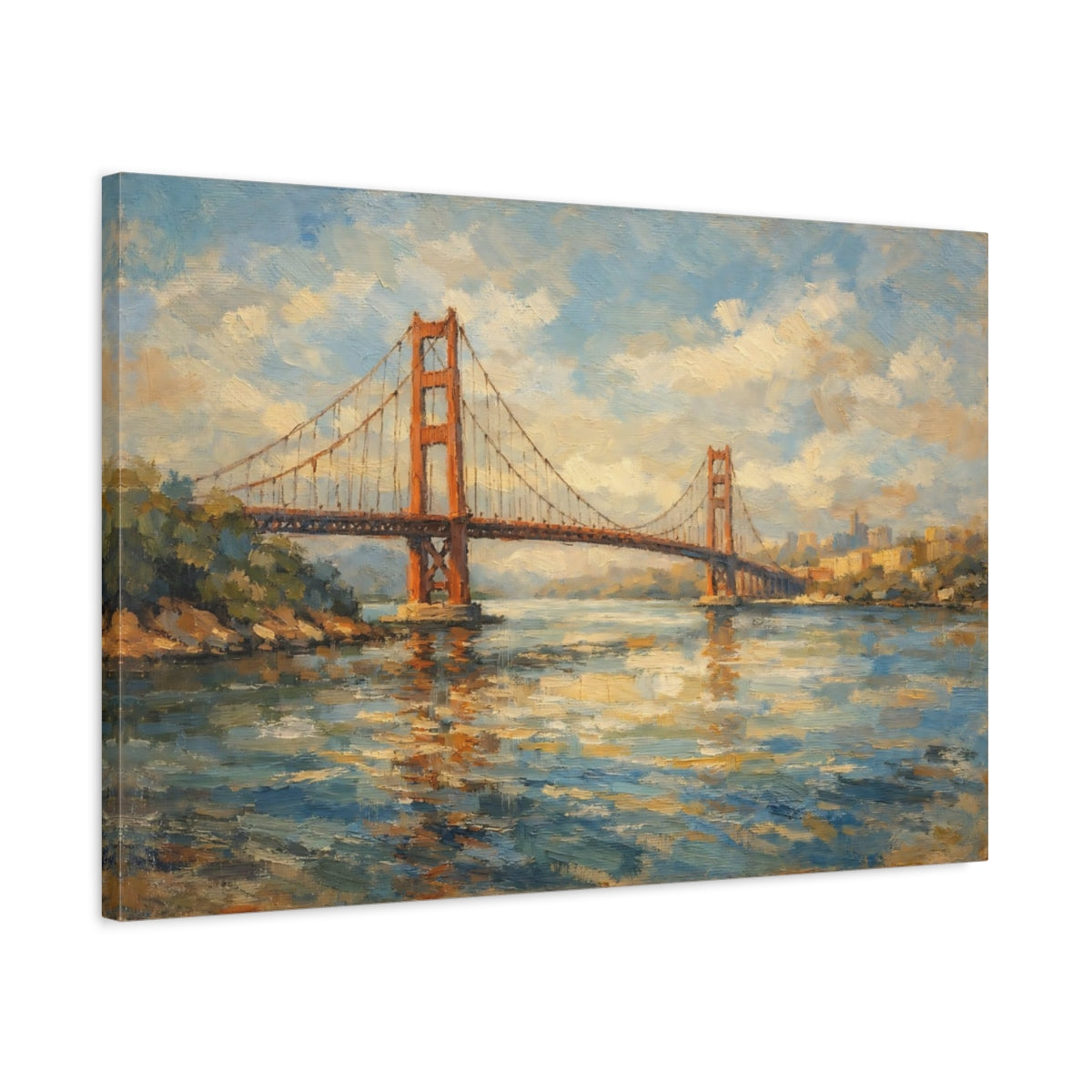 Side Mockup 2. Nature Golden Gate Bridge Orange And Blue shown as stretched canvas wall art