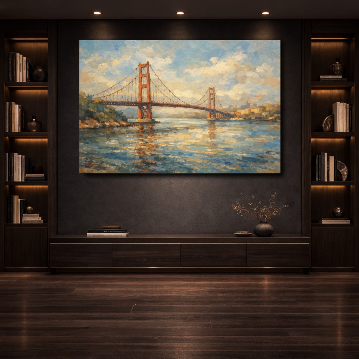 Mockup 3. Nature Golden Gate Bridge Orange And Blue shown as stretched canvas wall art
