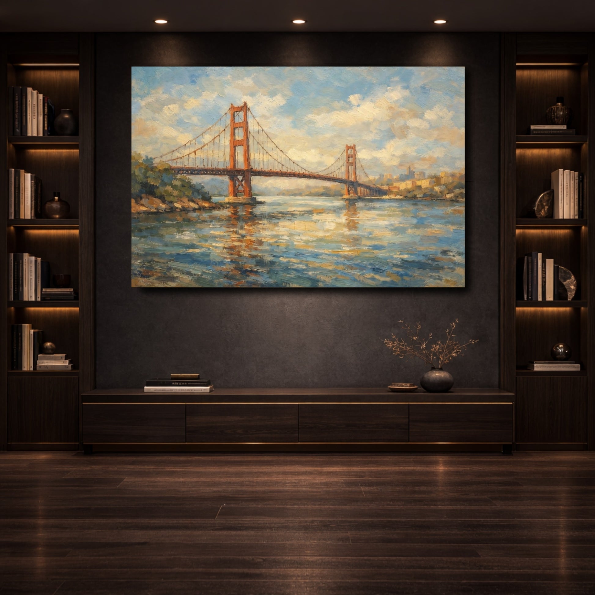 Mockup 3. Nature Golden Gate Bridge Orange And Blue shown as stretched canvas wall art