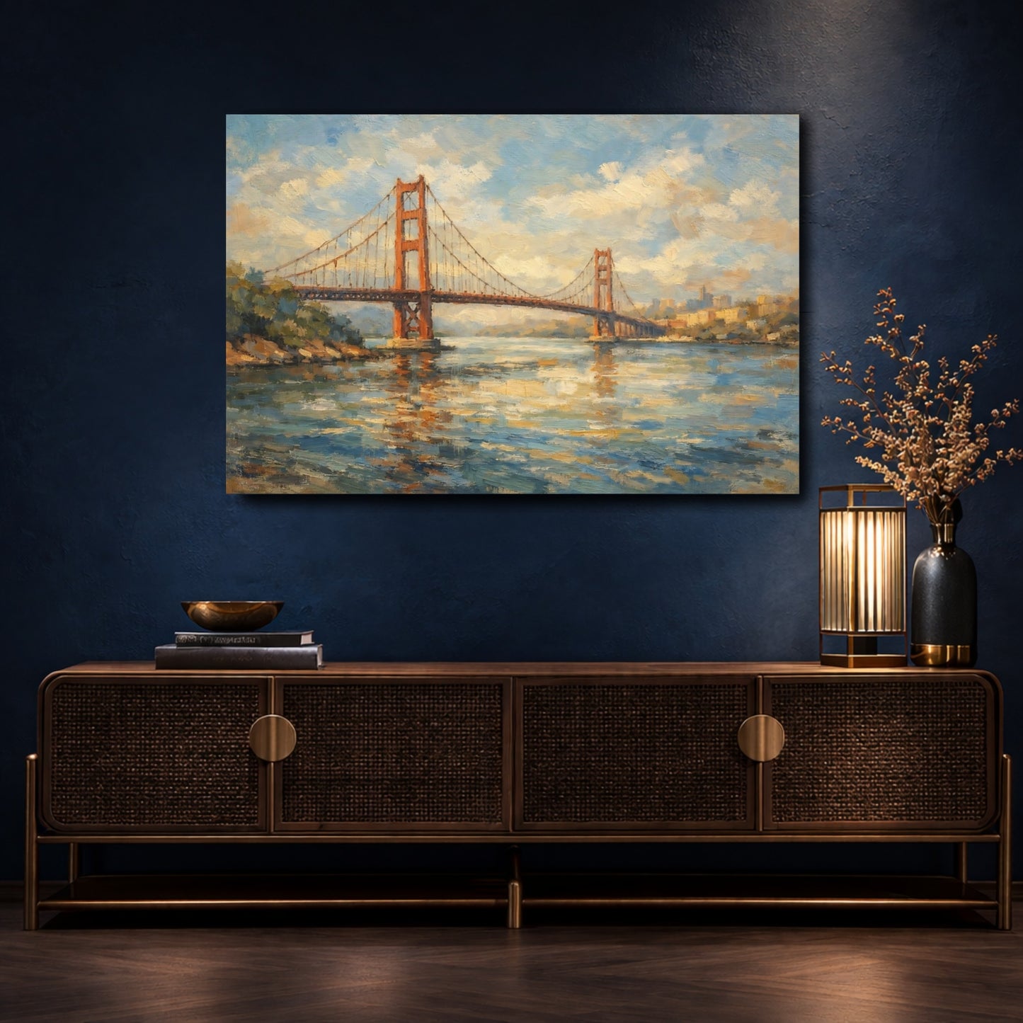 Mockup 4. Nature Golden Gate Bridge Orange And Blue shown as stretched canvas wall art