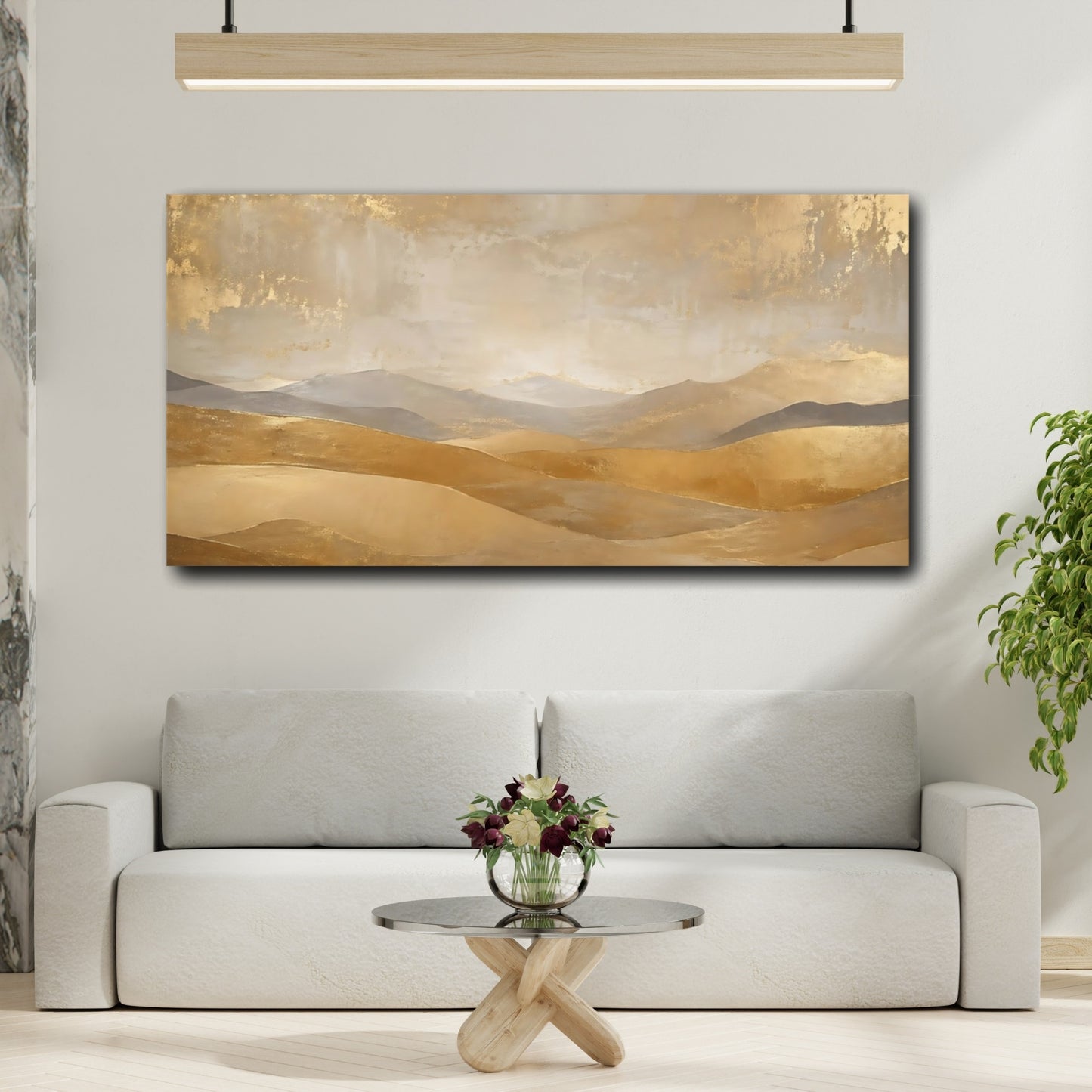 Mockup 3. Nature Golden Hills Gold And Beige shown as stretched canvas wall art
